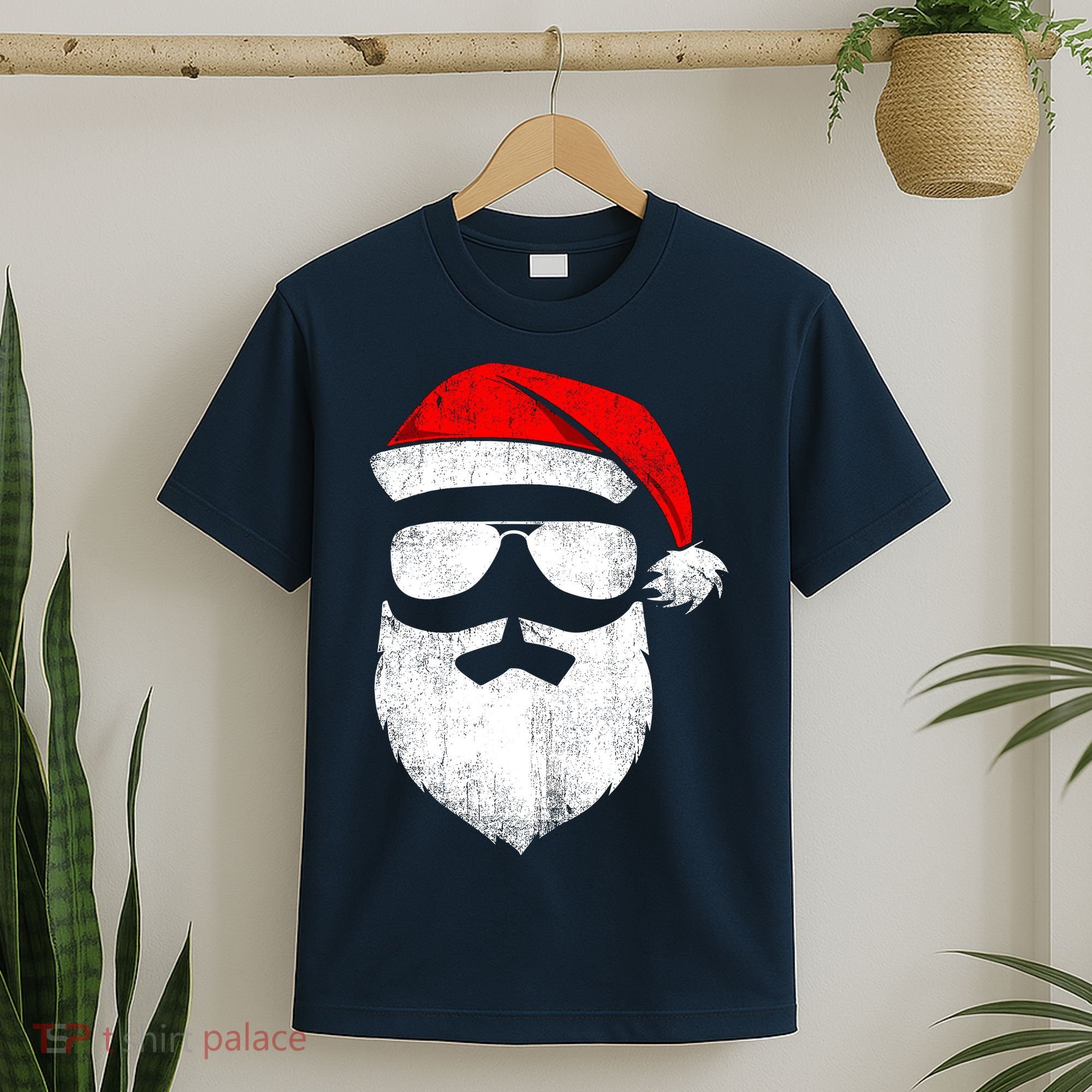 Funny Santa Claus Face Sunglasses With Hat Beard Christmas T-Shirt