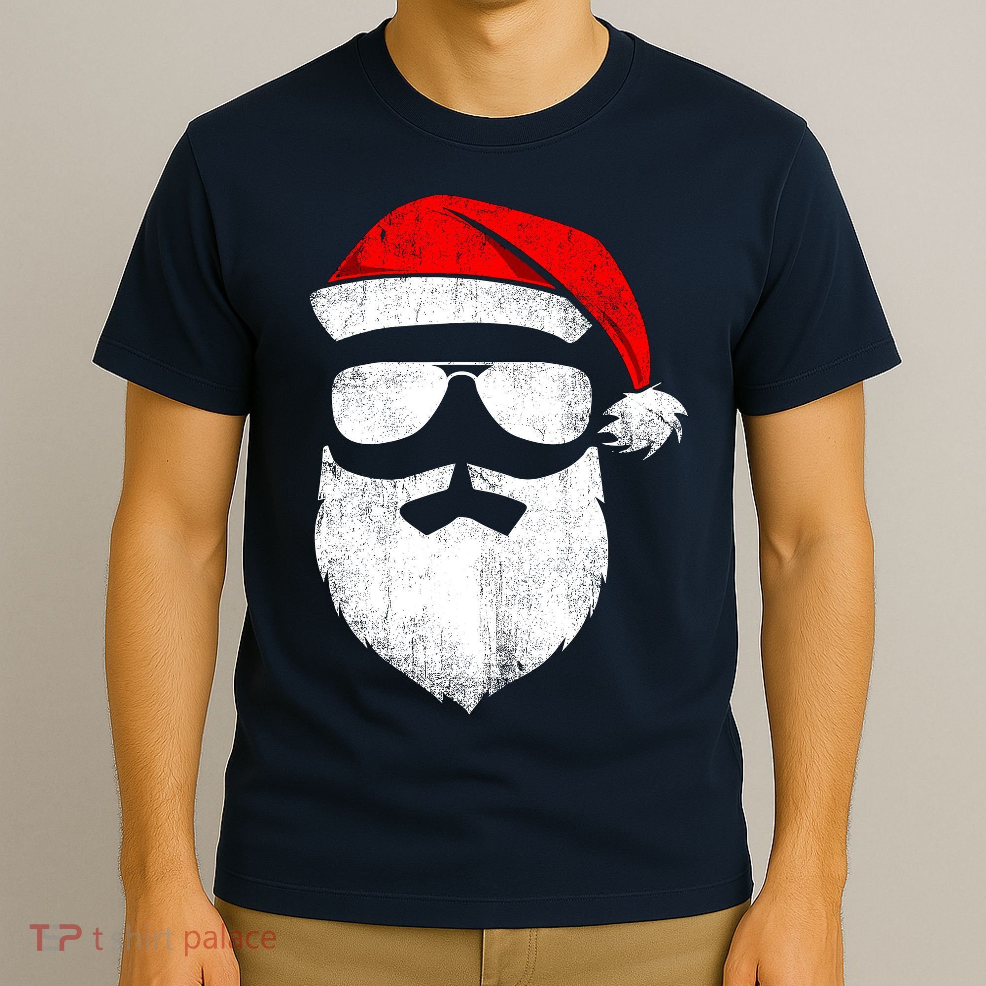 Funny Santa Claus Face Sunglasses With Hat Beard Christmas T-Shirt