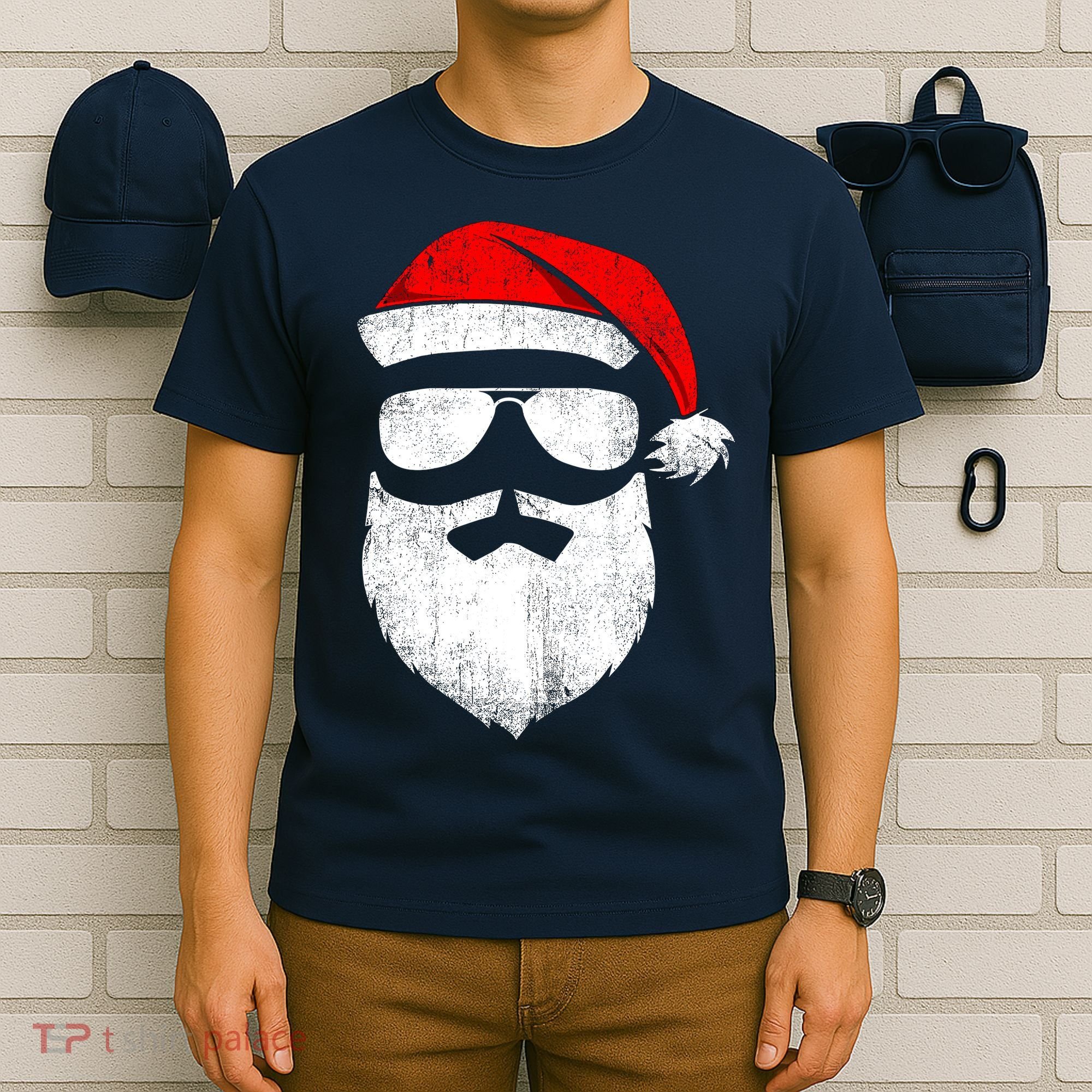 Funny Santa Claus Face Sunglasses With Hat Beard Christmas T-Shirt