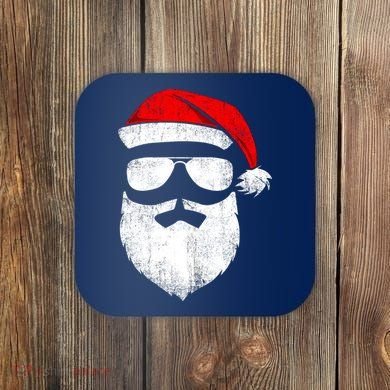 Funny Santa Claus Face Sunglasses With Hat Beard Christmas Coaster