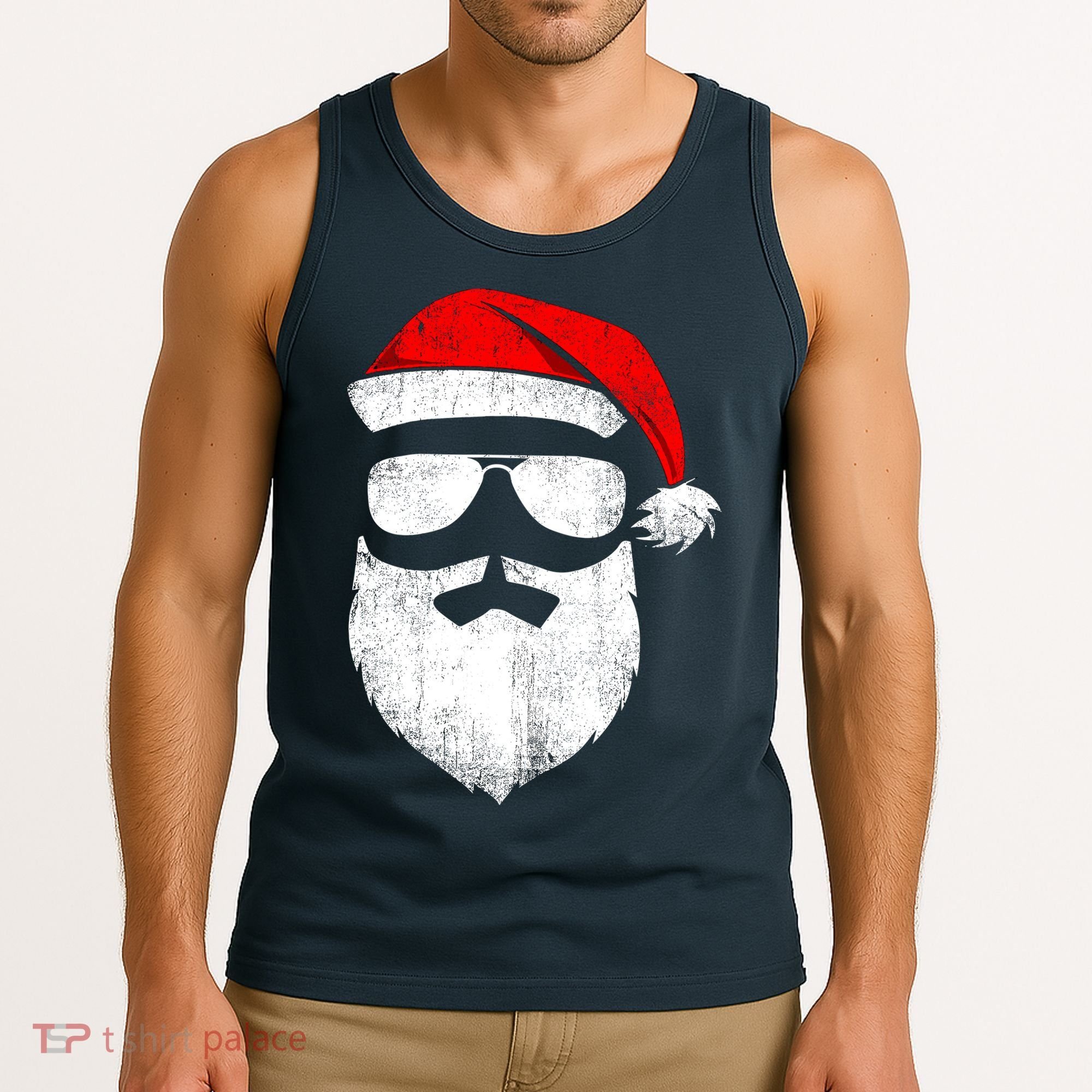 Funny Santa Claus Face Sunglasses With Hat Beard Christmas Tank Top