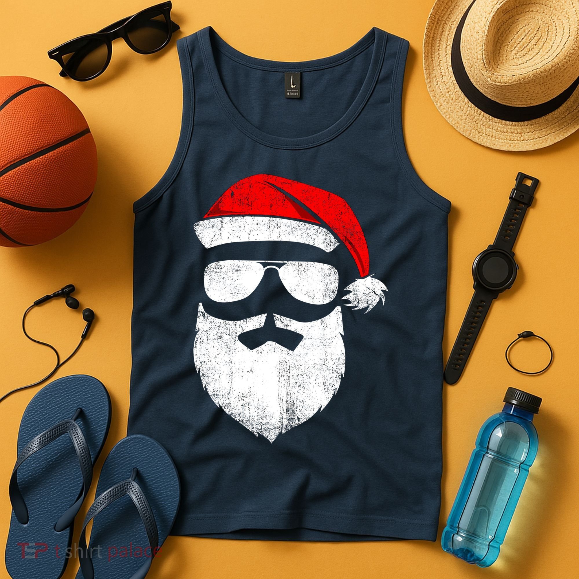 Funny Santa Claus Face Sunglasses With Hat Beard Christmas Tank Top
