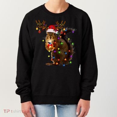 Funny Squirrel Christmas Tree Lights Reindeer Santa Hat Xmas Women's Sweatshirt