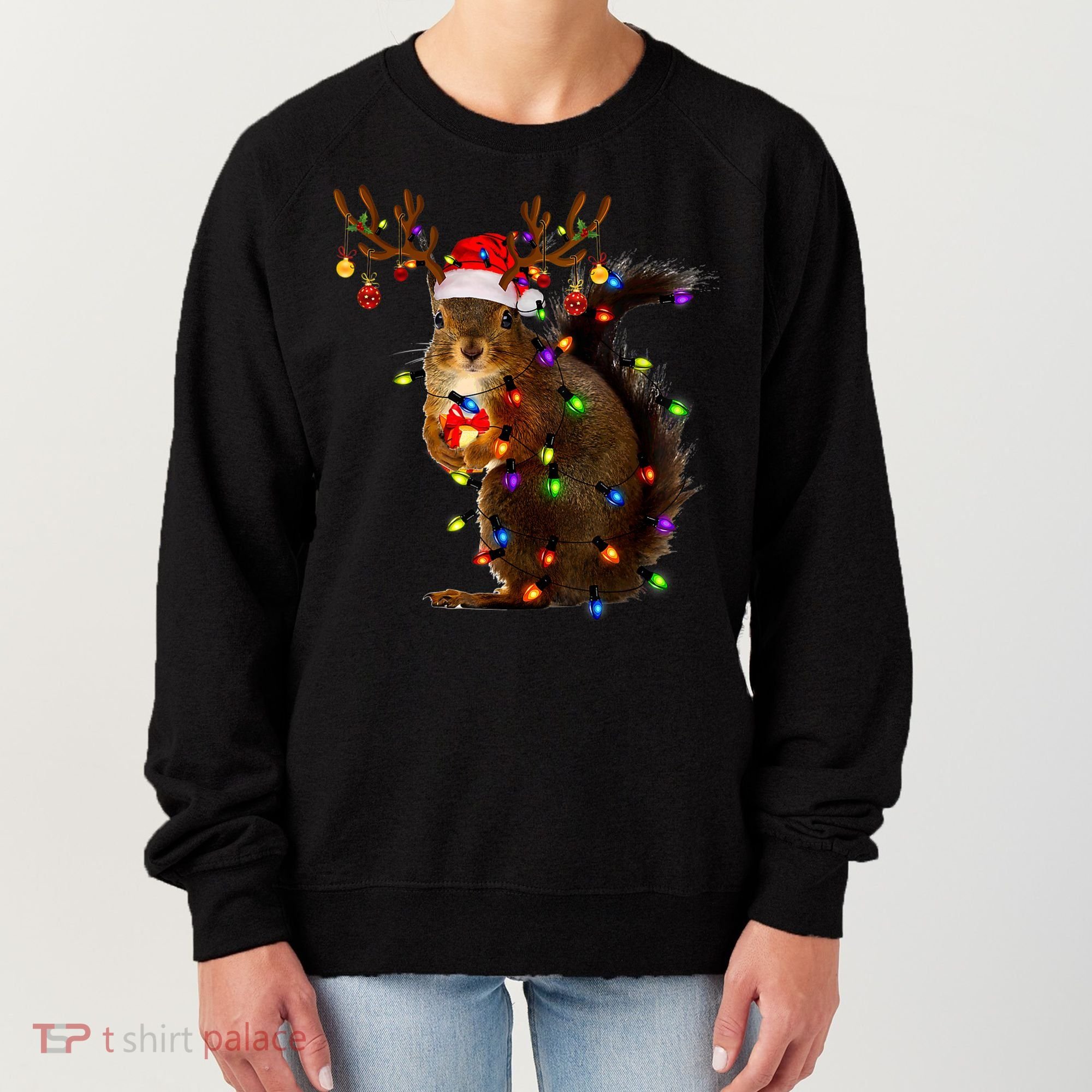 Funny Squirrel Christmas Tree Lights Reindeer Santa Hat Xmas Women's Sweatshirt