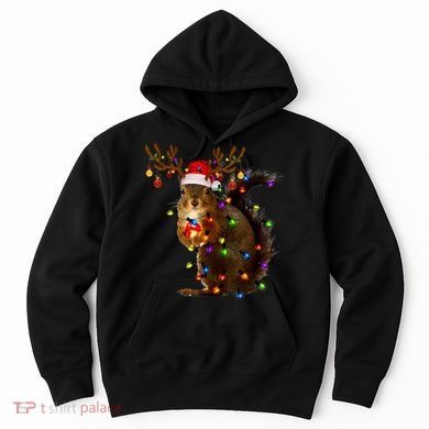 Funny Squirrel Christmas Tree Lights Reindeer Santa Hat Xmas Hoodie