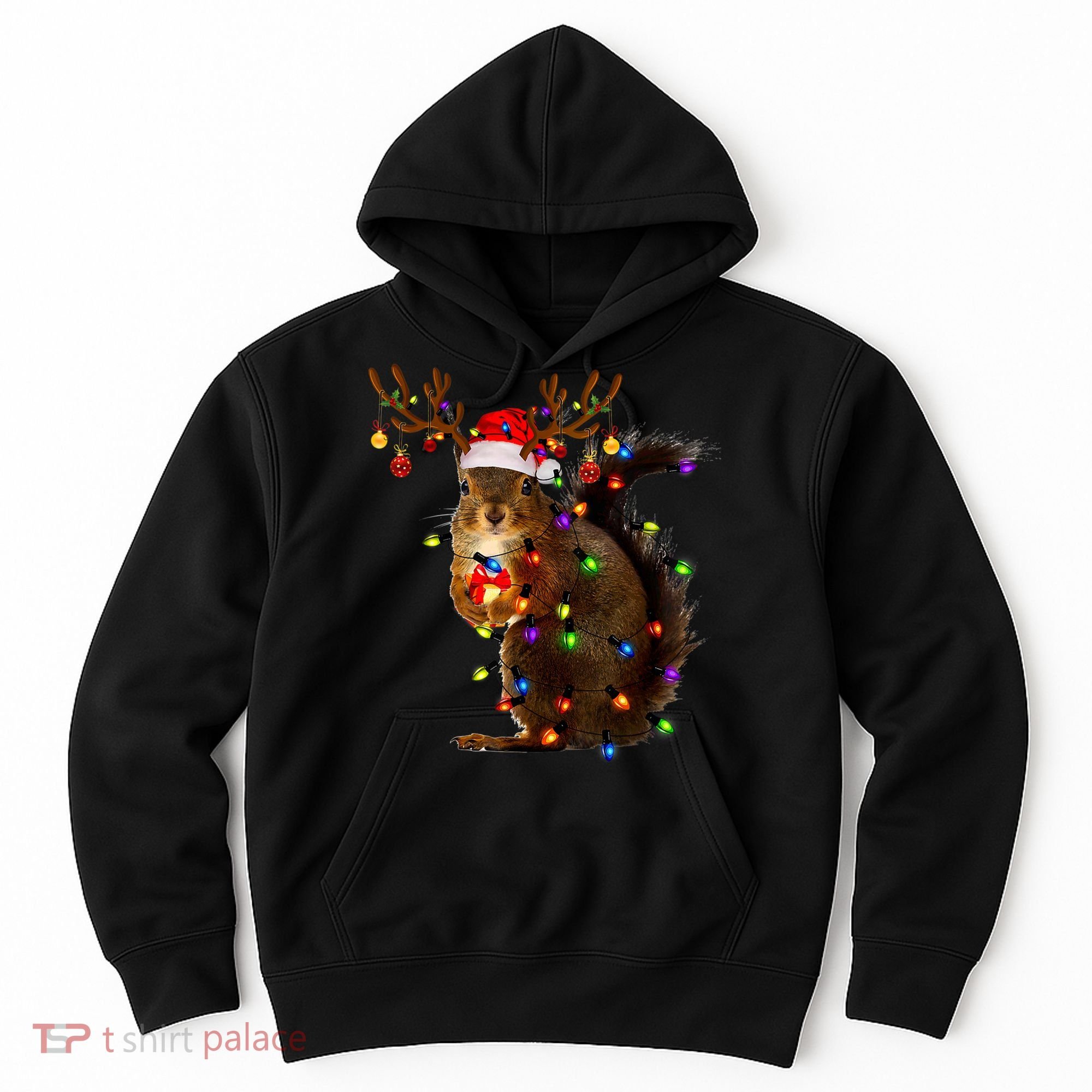 Funny Squirrel Christmas Tree Lights Reindeer Santa Hat Xmas Hoodie