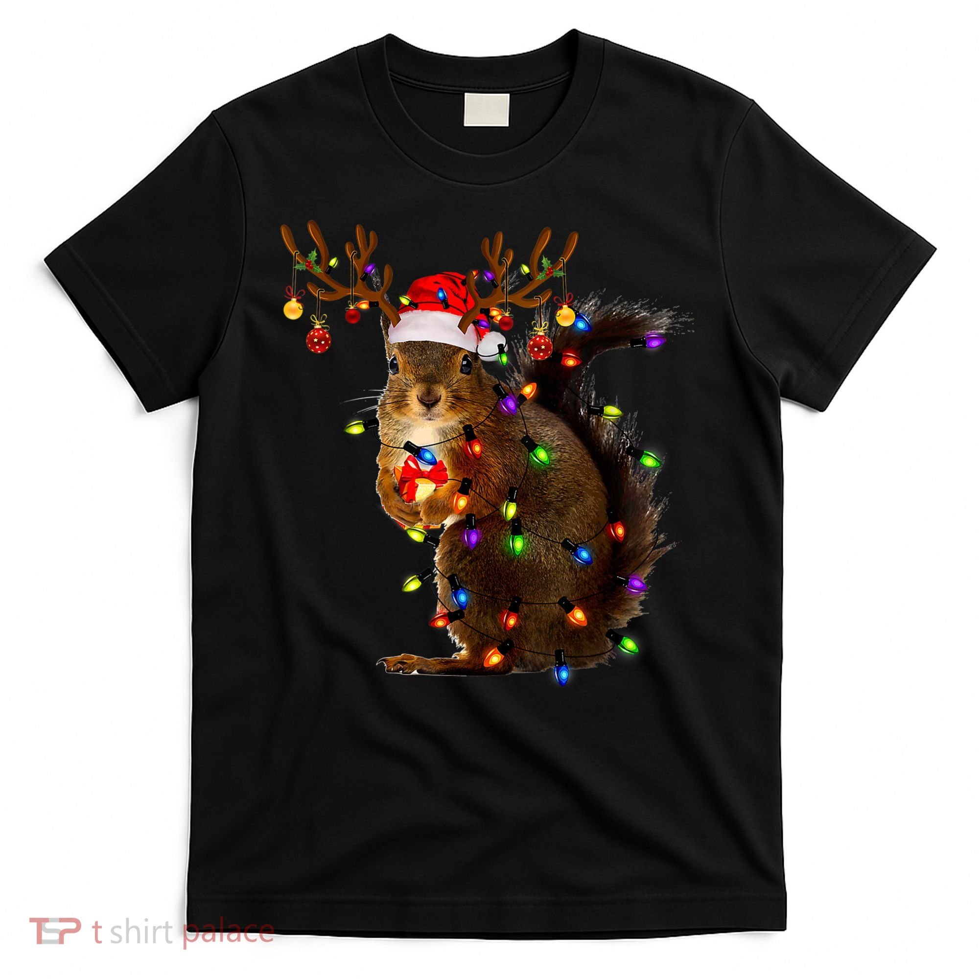 Funny Squirrel Christmas Tree Lights Reindeer Santa Hat Xmas T-Shirt