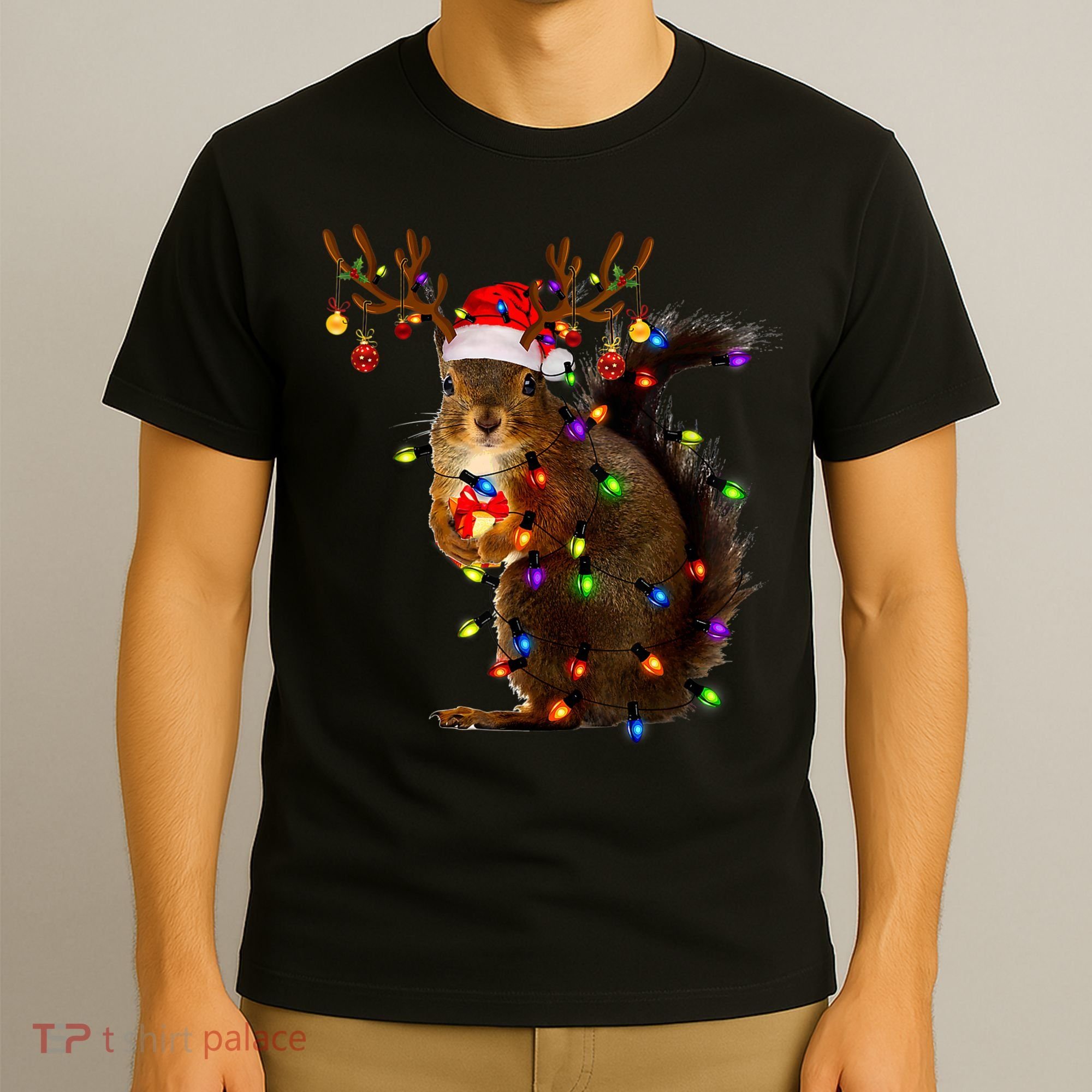 Funny Squirrel Christmas Tree Lights Reindeer Santa Hat Xmas T-Shirt
