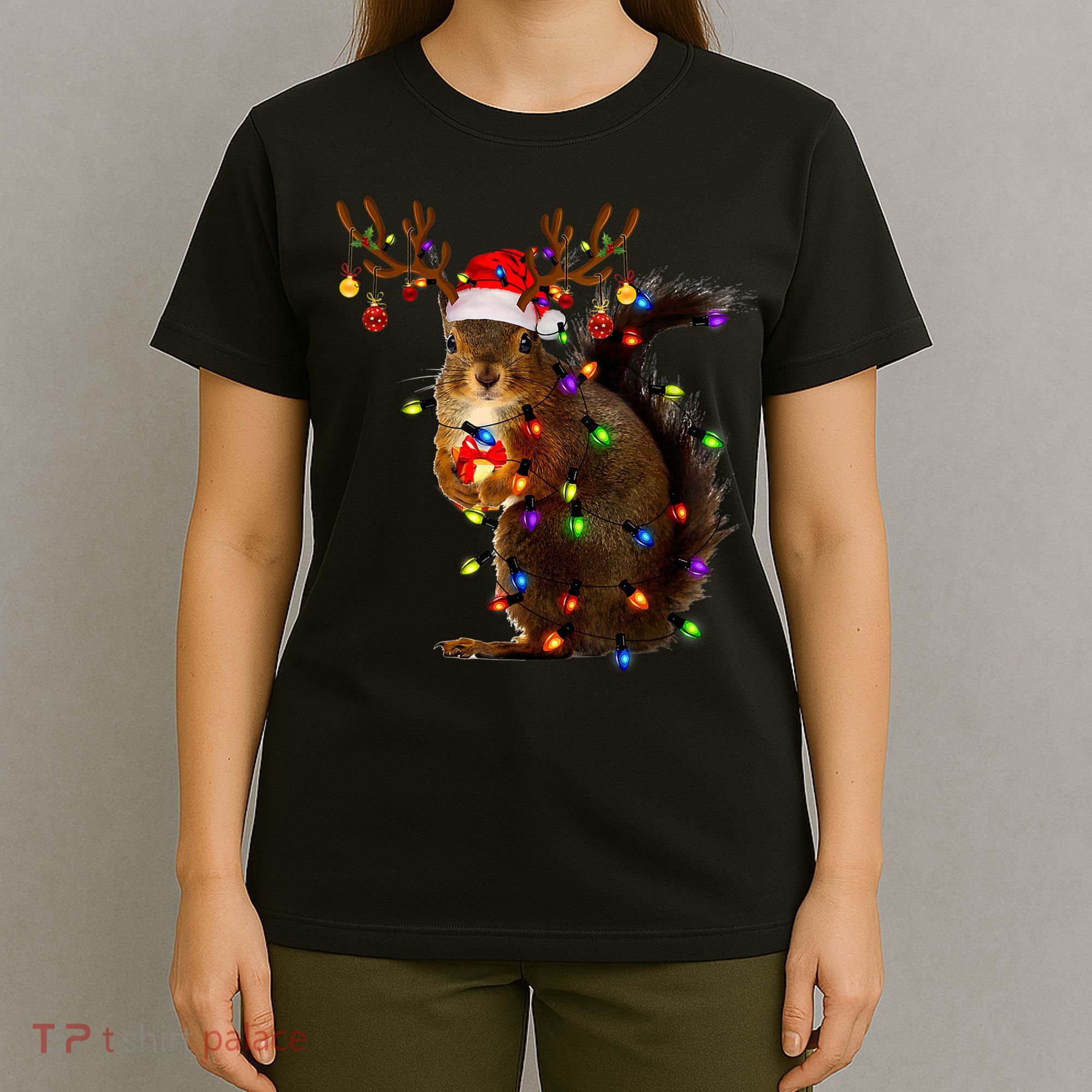 Funny Squirrel Christmas Tree Lights Reindeer Santa Hat Xmas T-Shirt