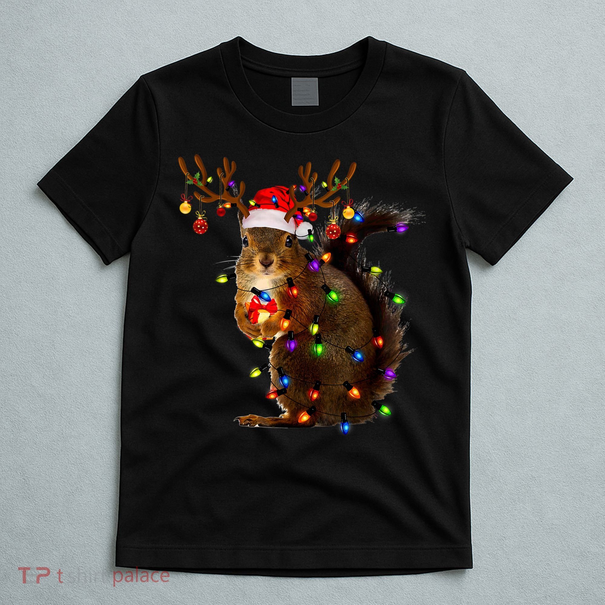 Funny Squirrel Christmas Tree Lights Reindeer Santa Hat Xmas T-Shirt