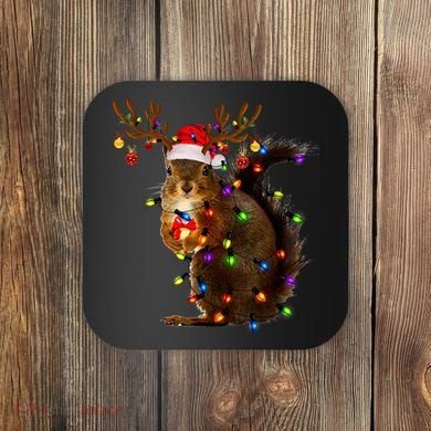 Funny Squirrel Christmas Tree Lights Reindeer Santa Hat Xmas Coaster