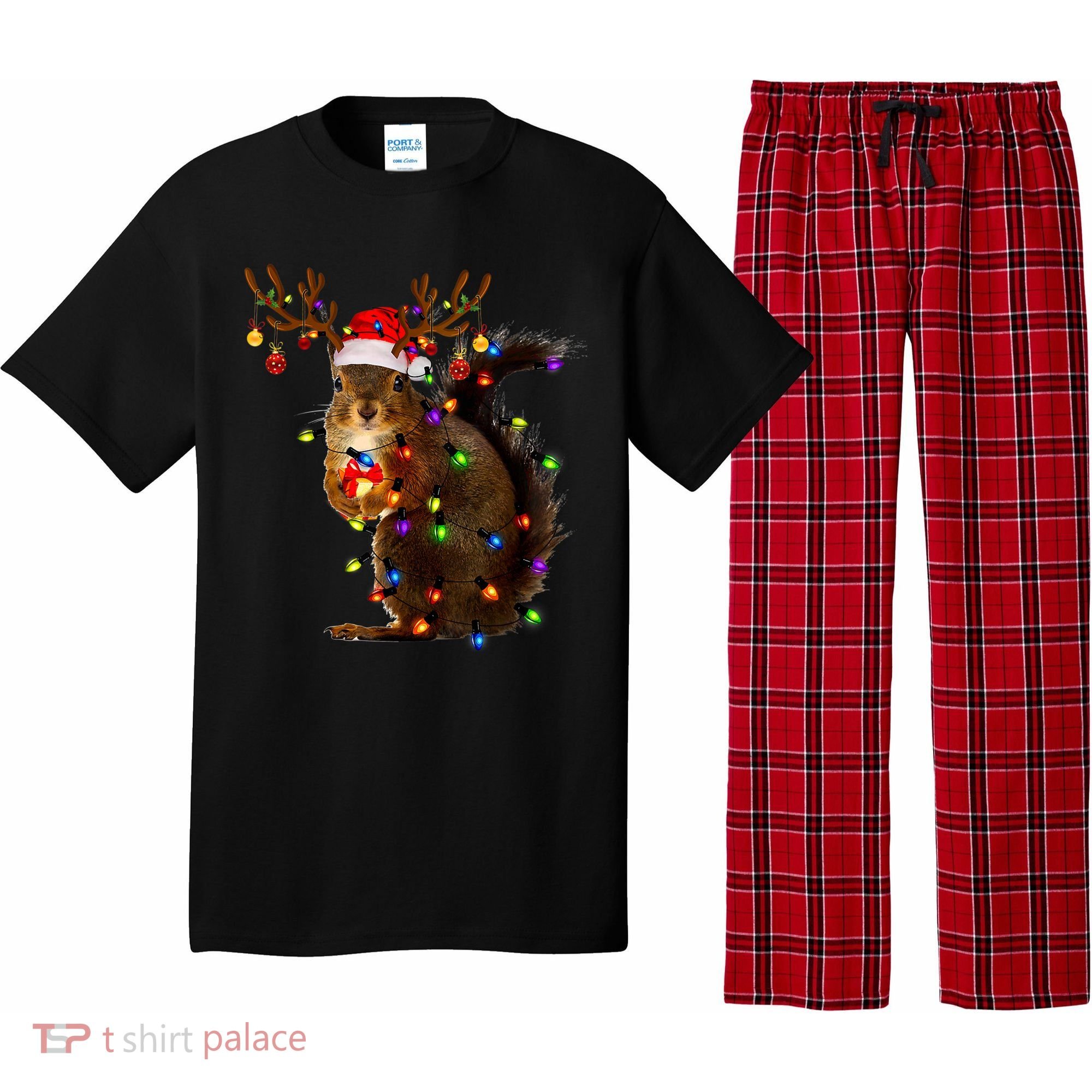 Funny Squirrel Christmas Tree Lights Reindeer Santa Hat Xmas Pajama Set