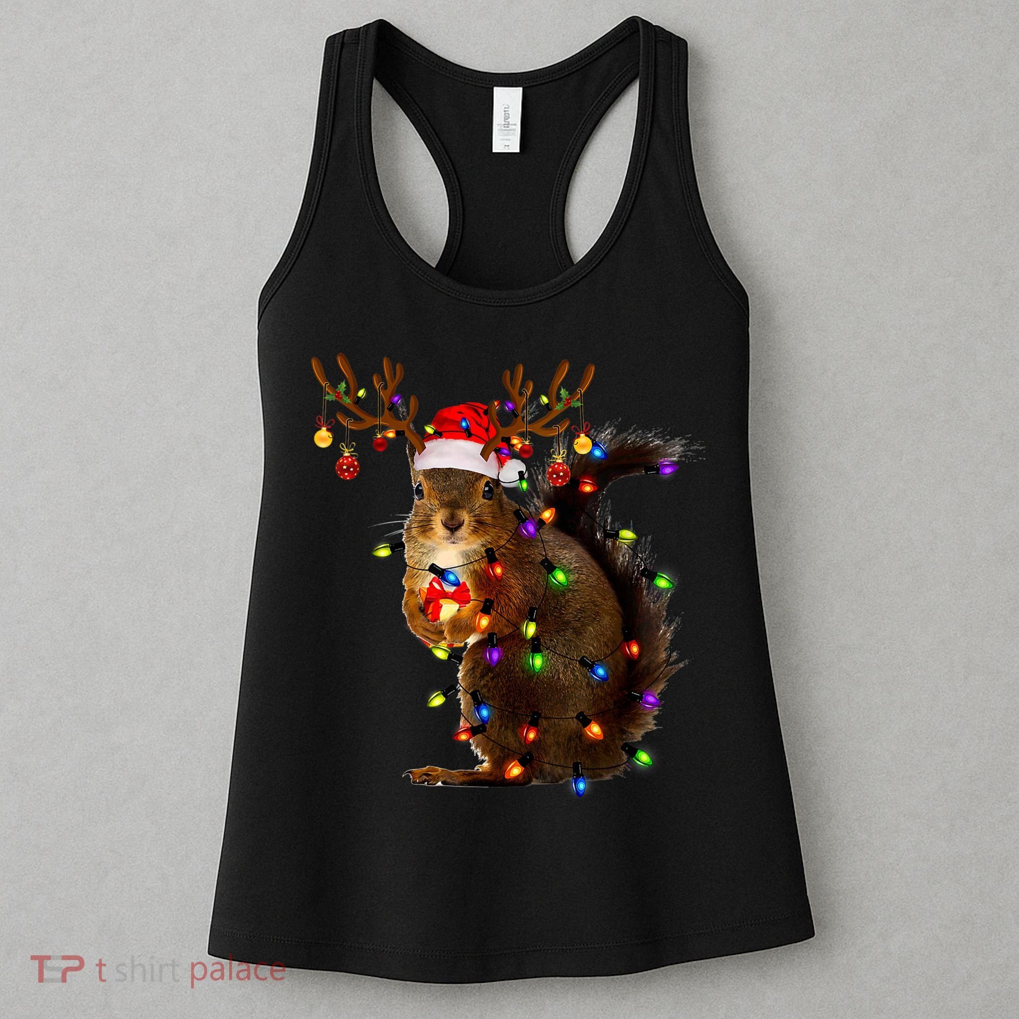 Funny Squirrel Christmas Tree Lights Reindeer Santa Hat Xmas Women's Tank Top