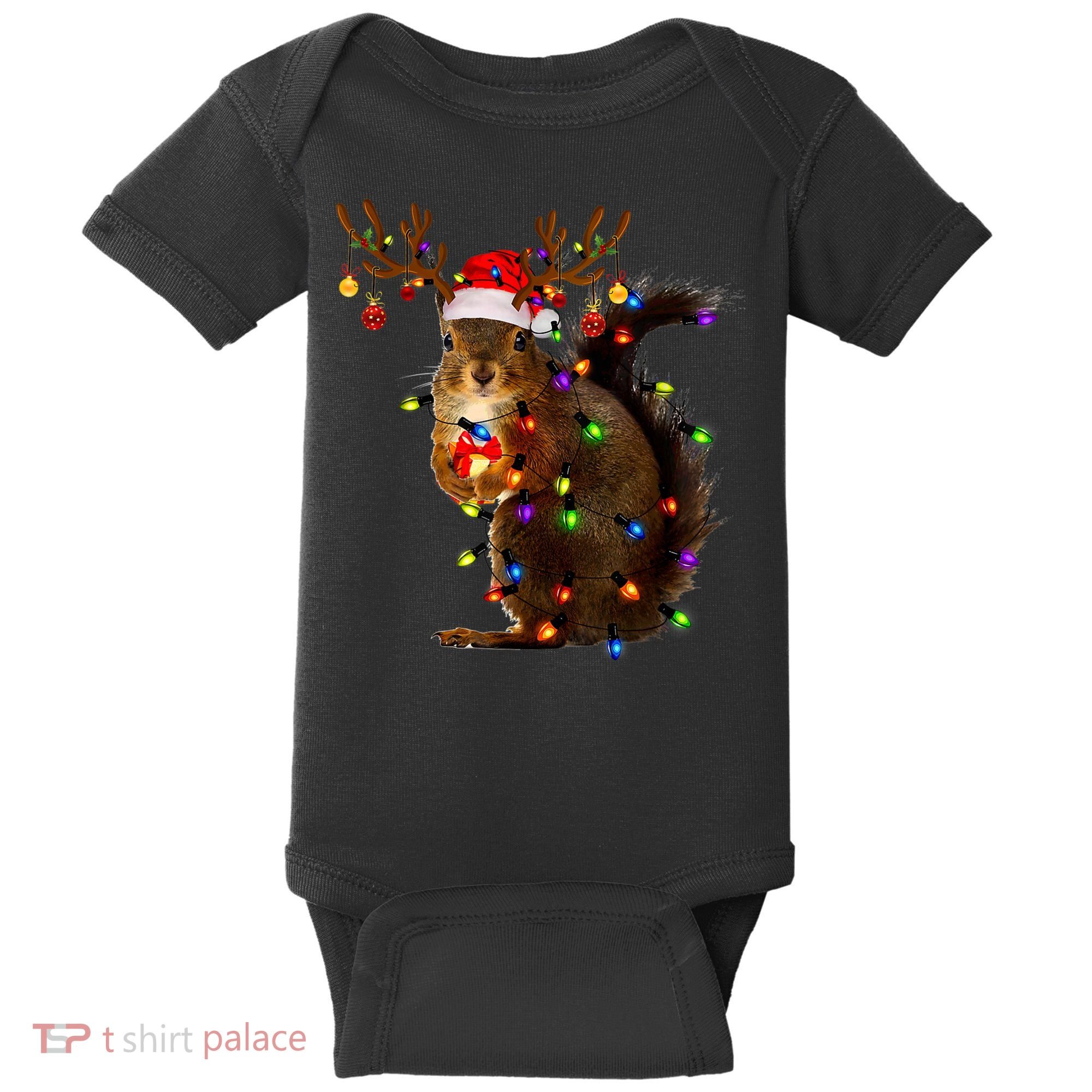 Funny Squirrel Christmas Tree Lights Reindeer Santa Hat Xmas Baby Bodysuit