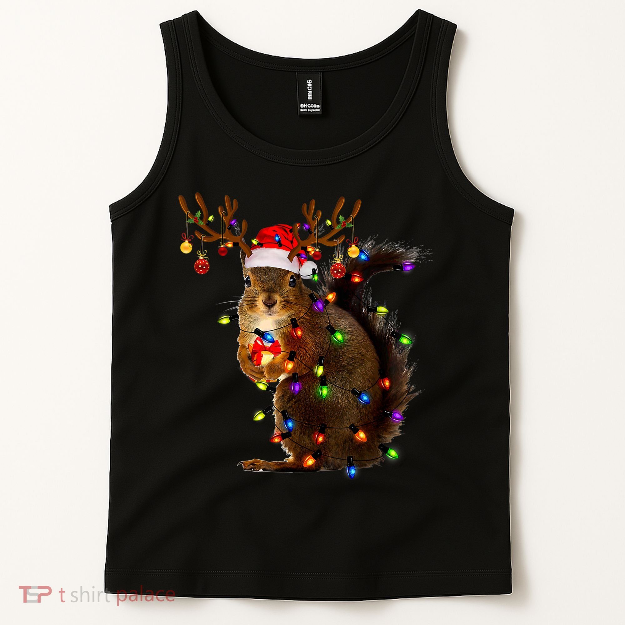 Funny Squirrel Christmas Tree Lights Reindeer Santa Hat Xmas Tank Top