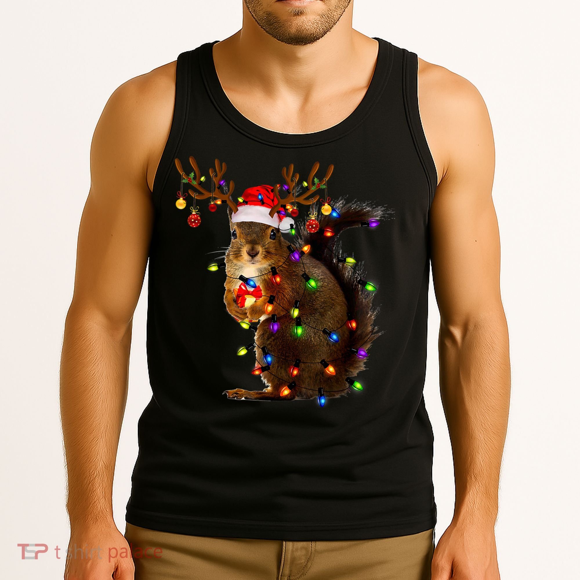 Funny Squirrel Christmas Tree Lights Reindeer Santa Hat Xmas Tank Top