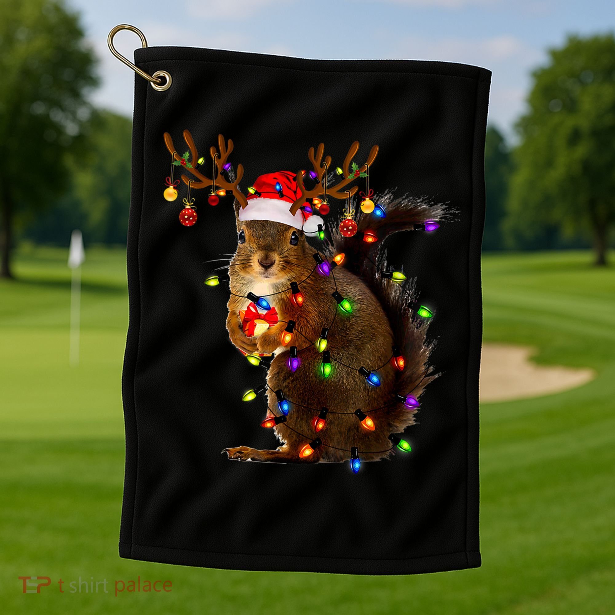 Funny Squirrel Christmas Tree Lights Reindeer Santa Hat Xmas Golf Towel