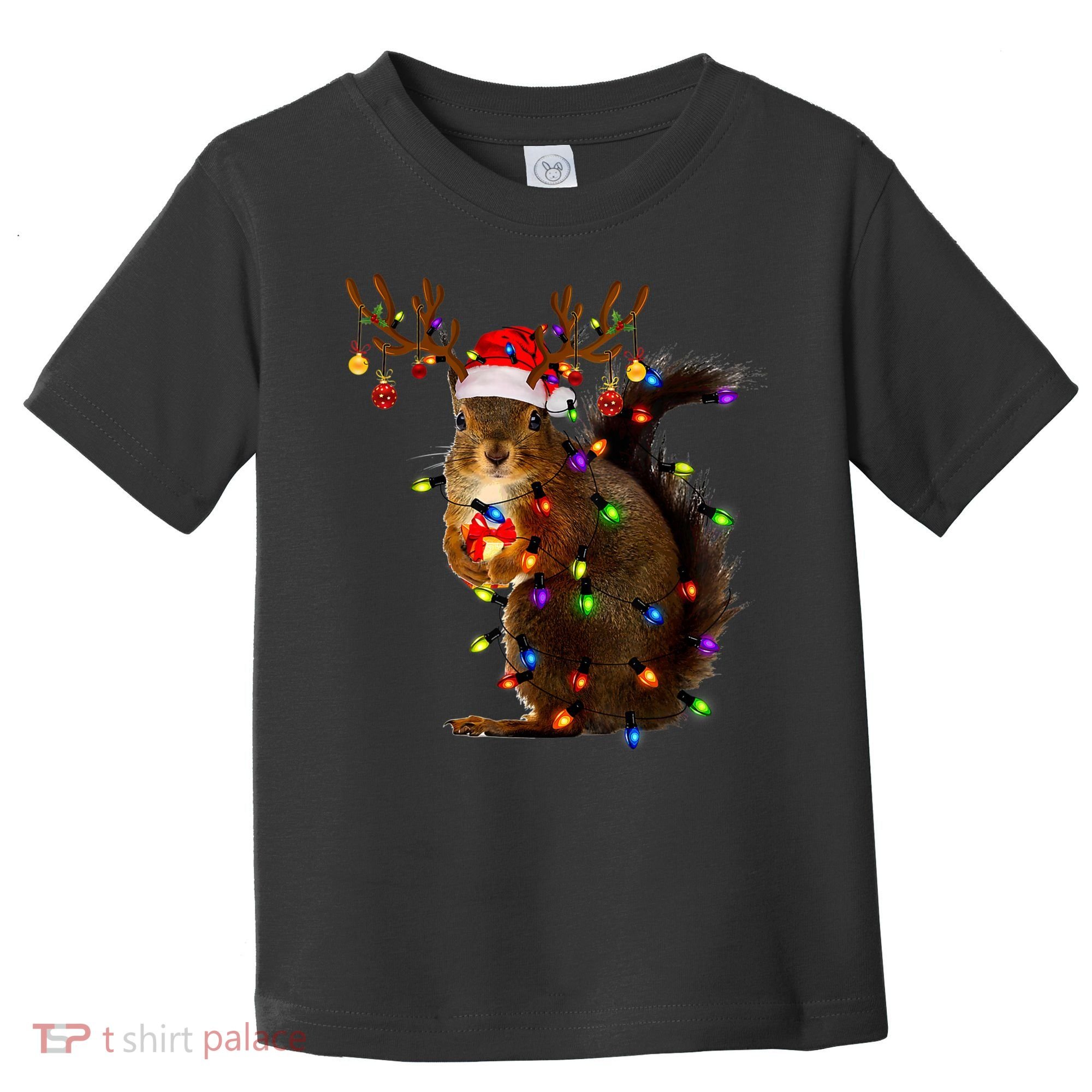Funny Squirrel Christmas Tree Lights Reindeer Santa Hat Xmas Toddler T-Shirt