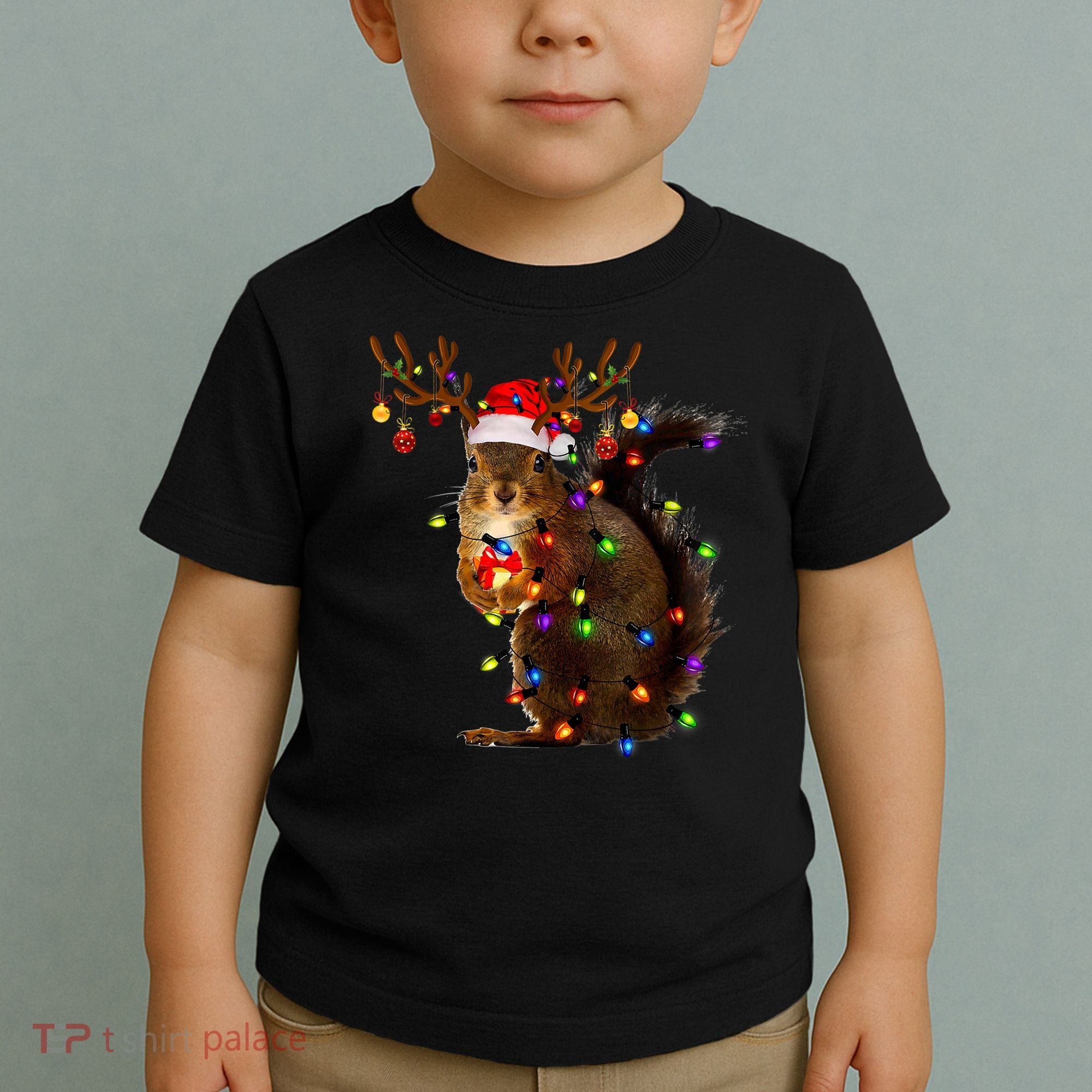 Funny Squirrel Christmas Tree Lights Reindeer Santa Hat Xmas Toddler T-Shirt