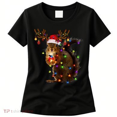 Funny Squirrel Christmas Tree Lights Reindeer Santa Hat Xmas Women's T-Shirt