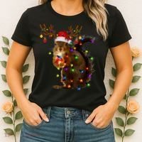 Funny Squirrel Christmas Tree Lights Reindeer Santa Hat Xmas Women's T-Shirt thumb 2