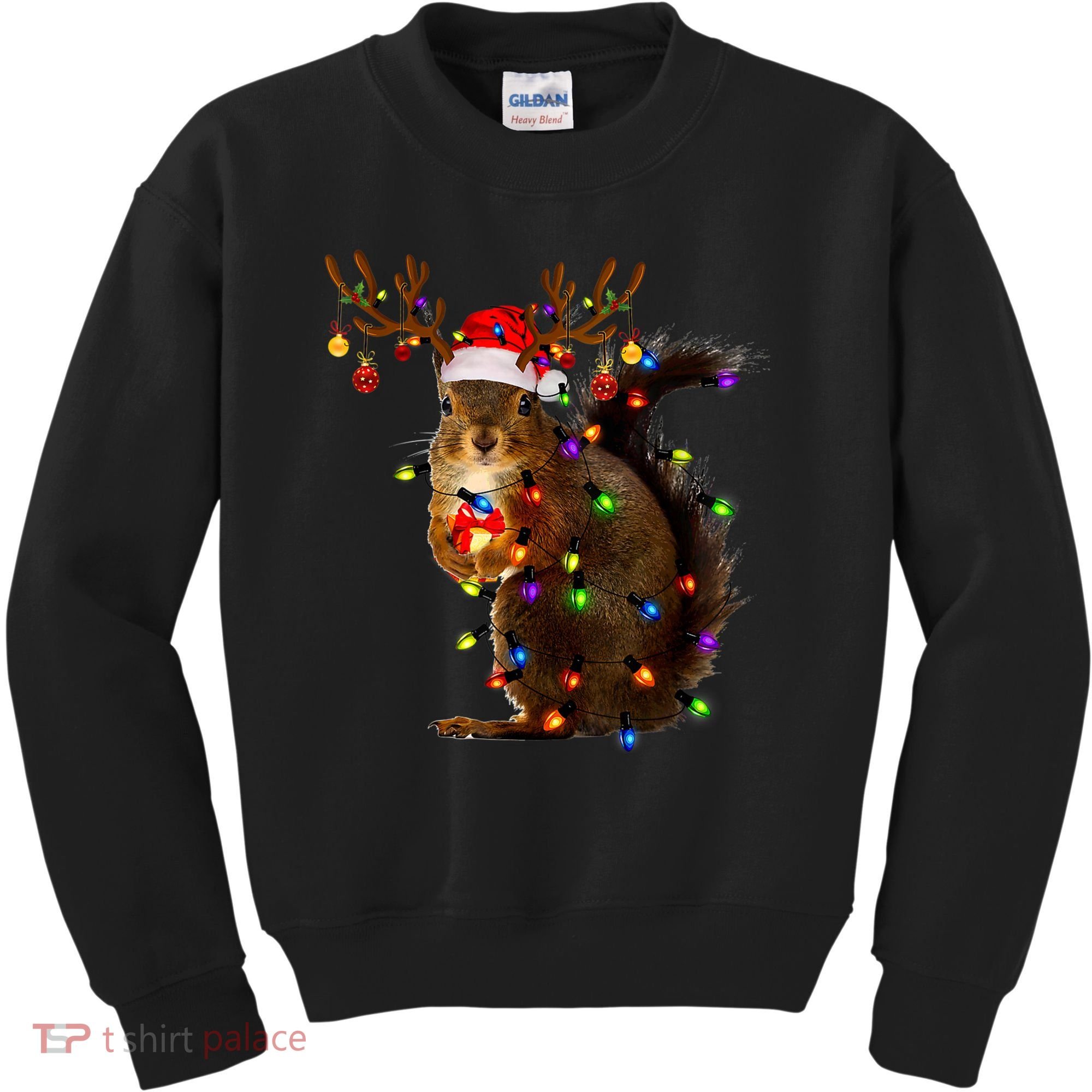Funny Squirrel Christmas Tree Lights Reindeer Santa Hat Xmas Kids Sweatshirt