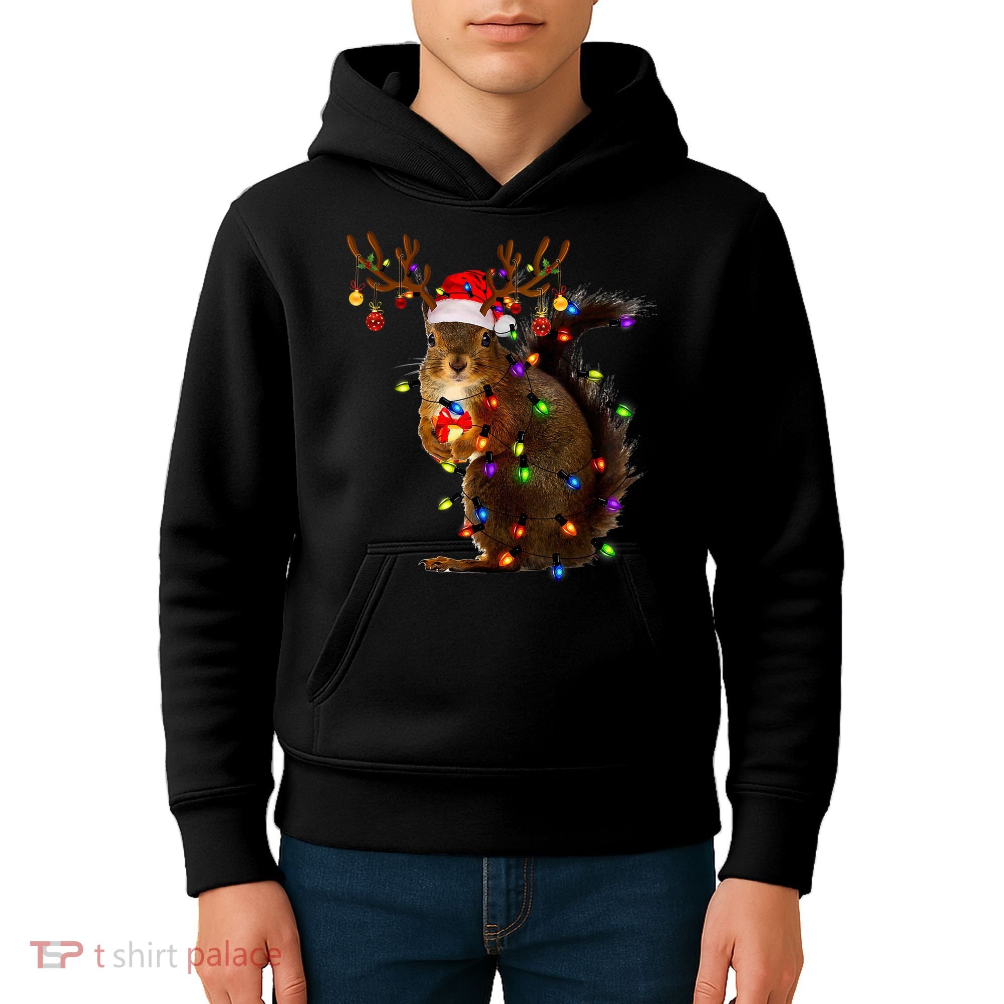 Funny Squirrel Christmas Tree Lights Reindeer Santa Hat Xmas Kids Hoodie