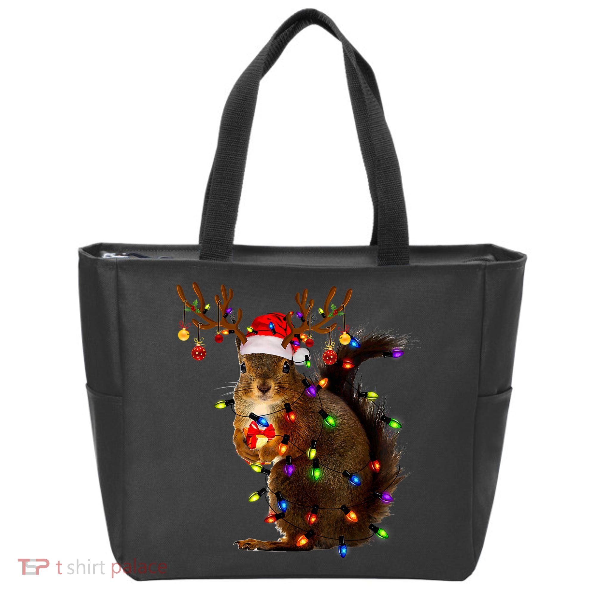 Funny Squirrel Christmas Tree Lights Reindeer Santa Hat Xmas Tote Bag