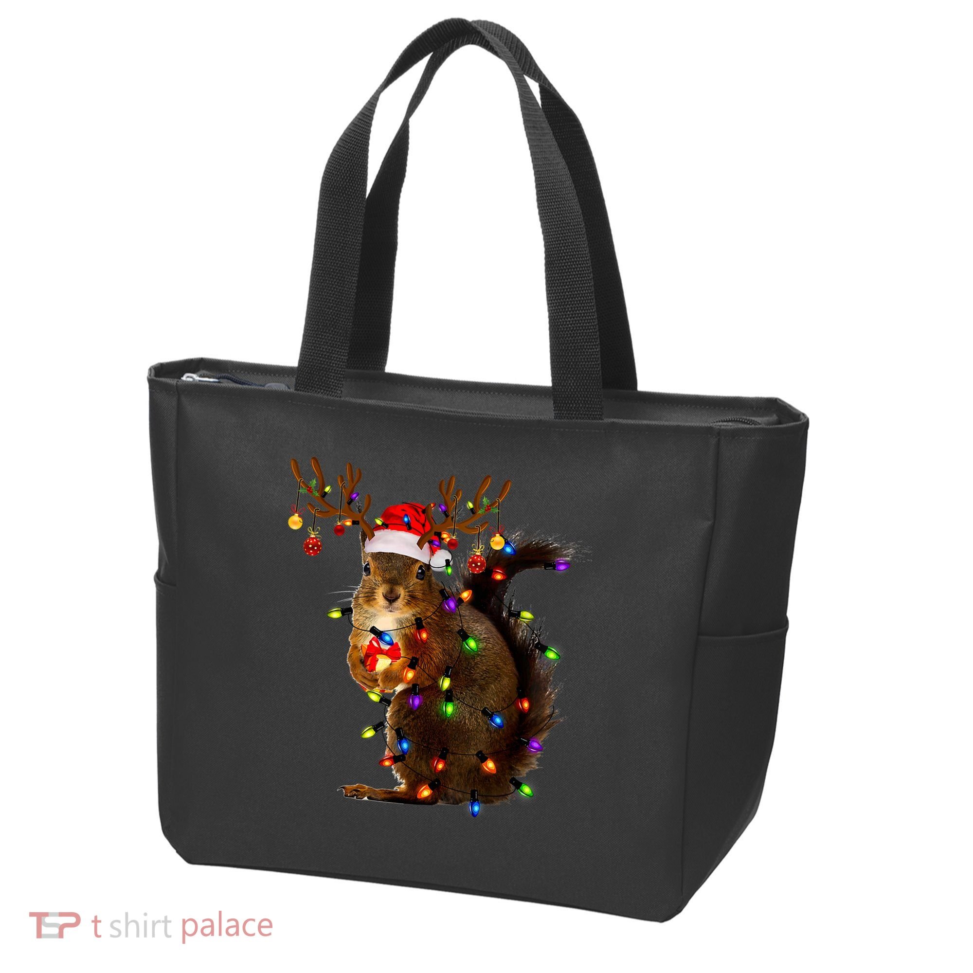 Funny Squirrel Christmas Tree Lights Reindeer Santa Hat Xmas Tote Bag
