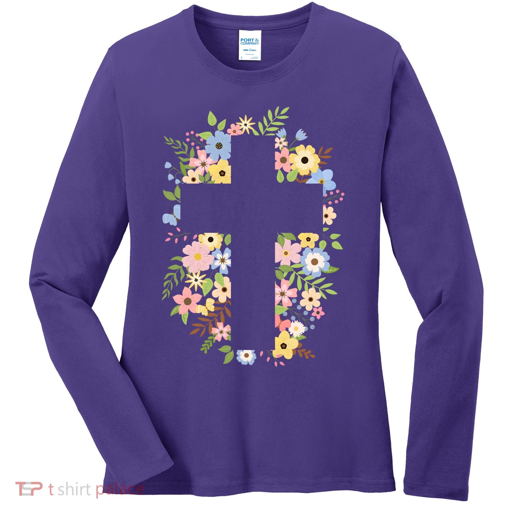 Floral Spring Cross Christianity Women's Long Sleeve Shirt