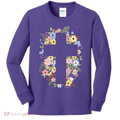 Floral Spring Cross Christianity Kids Long Sleeve Shirt