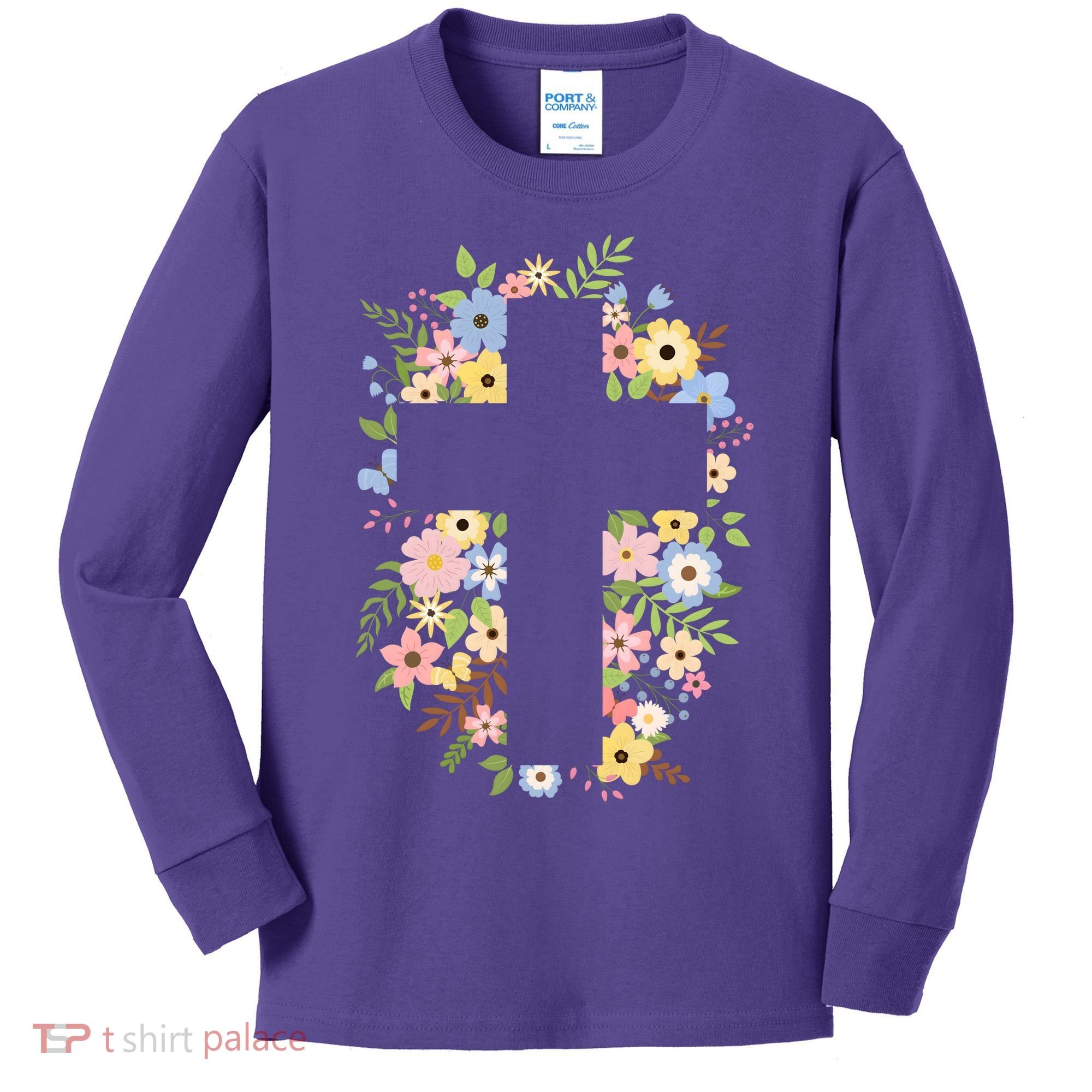 Floral Spring Cross Christianity Kids Long Sleeve Shirt