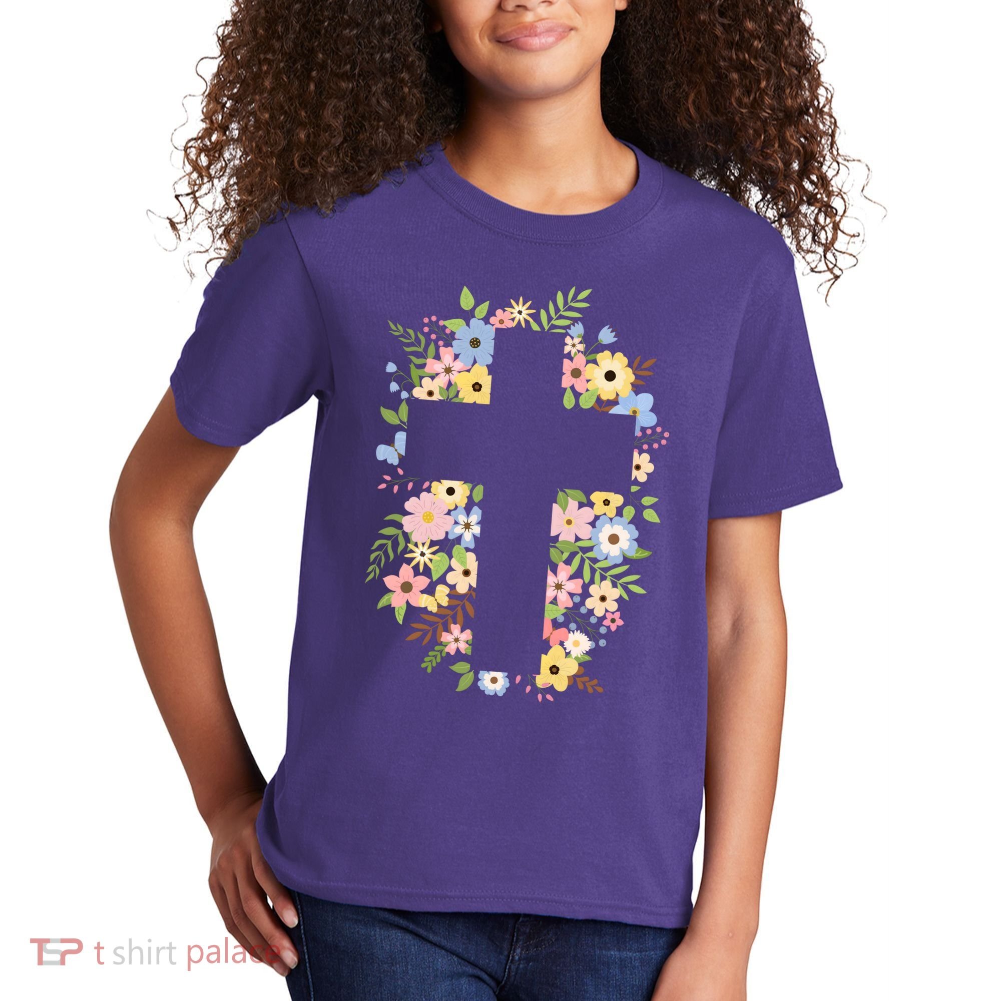 Floral Spring Cross Christianity Kids T-Shirt