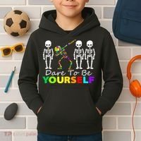 Funny Skeleton Dabbing Dare To Be Yourself Autism Awareness Gift Kids Hoodie thumb 2