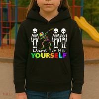 Funny Skeleton Dabbing Dare To Be Yourself Autism Awareness Gift Kids Hoodie thumb 3