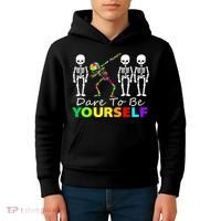 Funny Skeleton Dabbing Dare To Be Yourself Autism Awareness Gift Kids Hoodie thumb 4