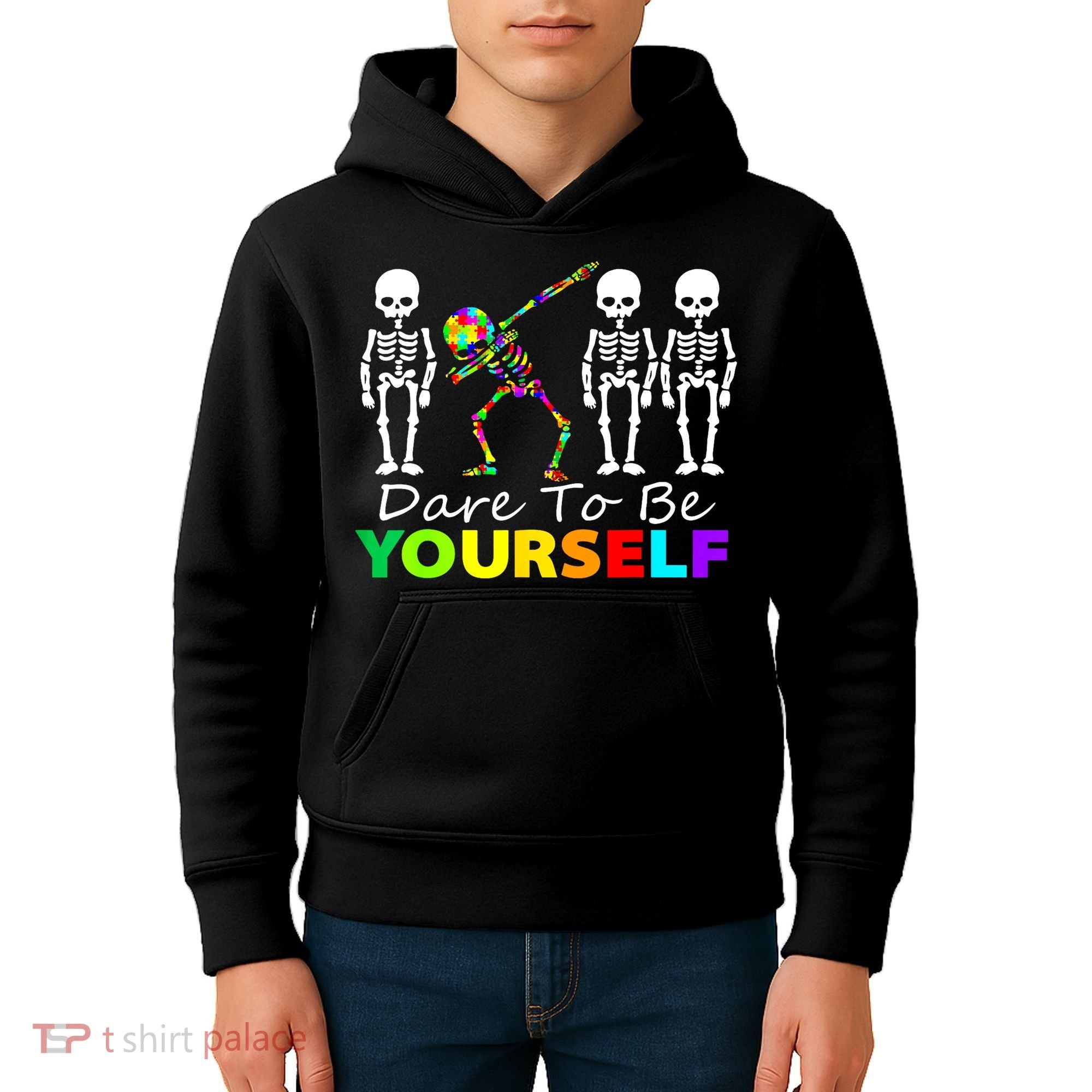 Funny Skeleton Dabbing Dare To Be Yourself Autism Awareness Gift Kids Hoodie