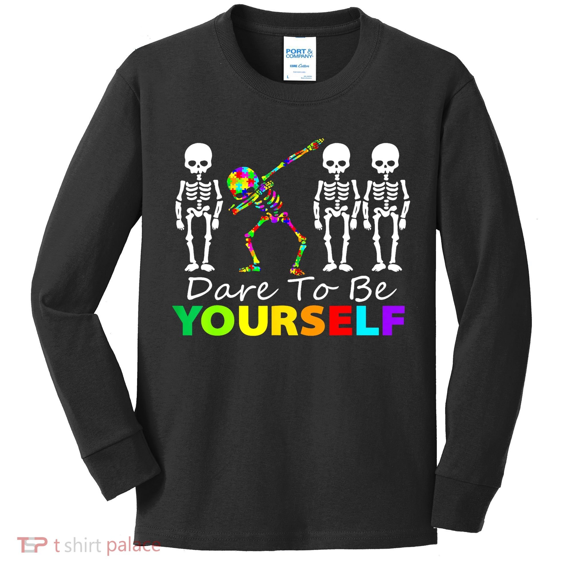 Funny Skeleton Dabbing Dare To Be Yourself Autism Awareness Gift Kids Long Sleeve Shirt