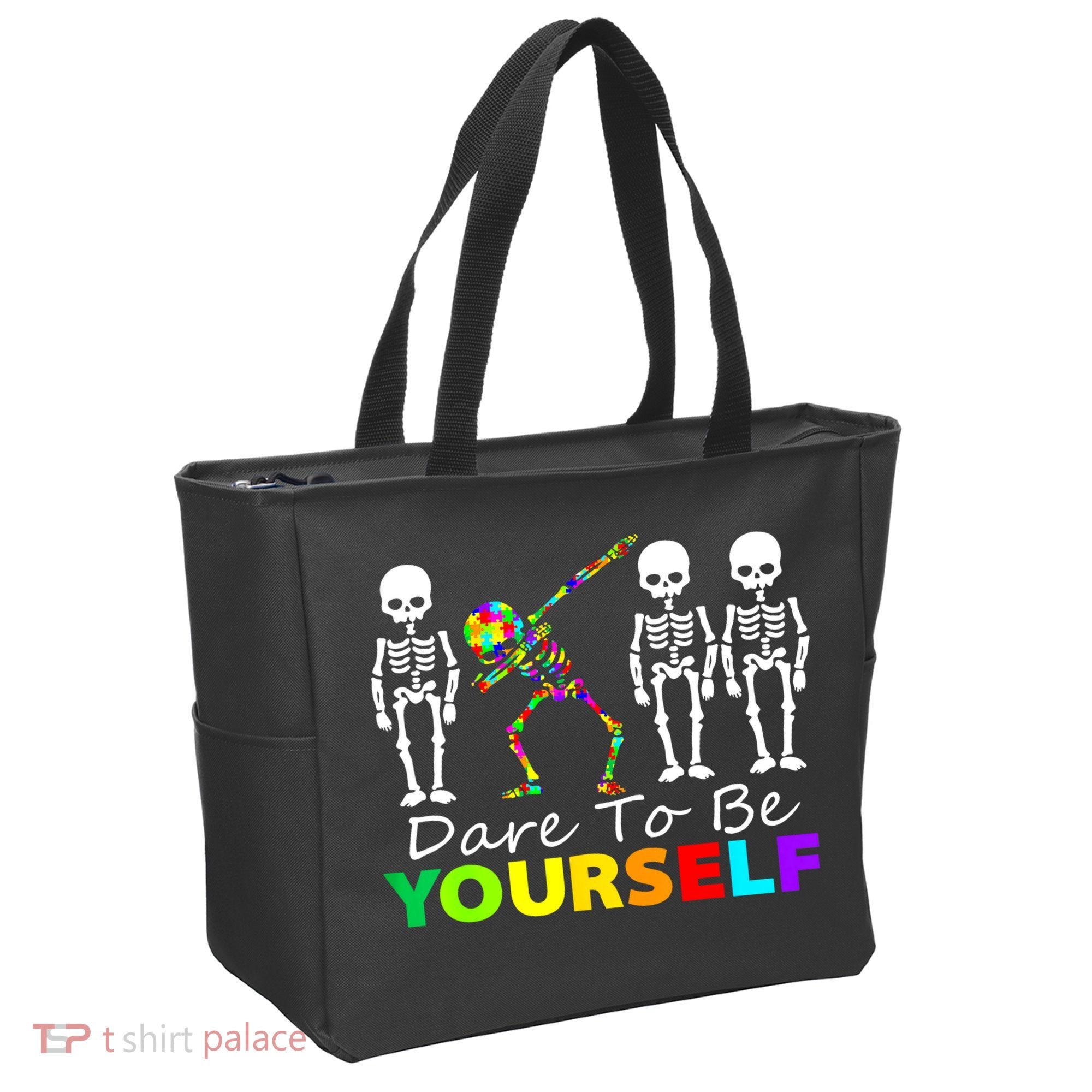 Funny Skeleton Dabbing Dare To Be Yourself Autism Awareness Gift Tote Bag