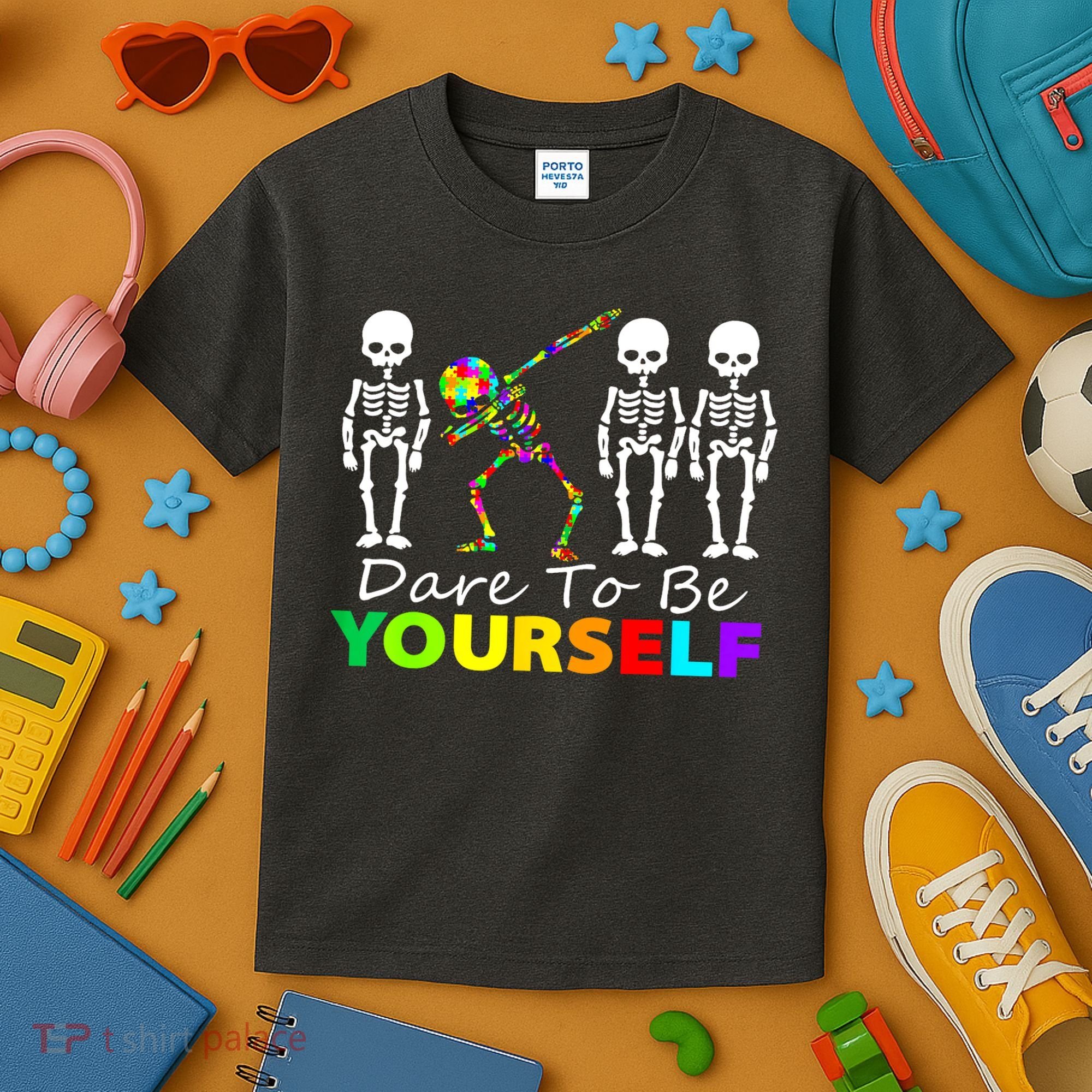Funny Skeleton Dabbing Dare To Be Yourself Autism Awareness Gift Kids T-Shirt