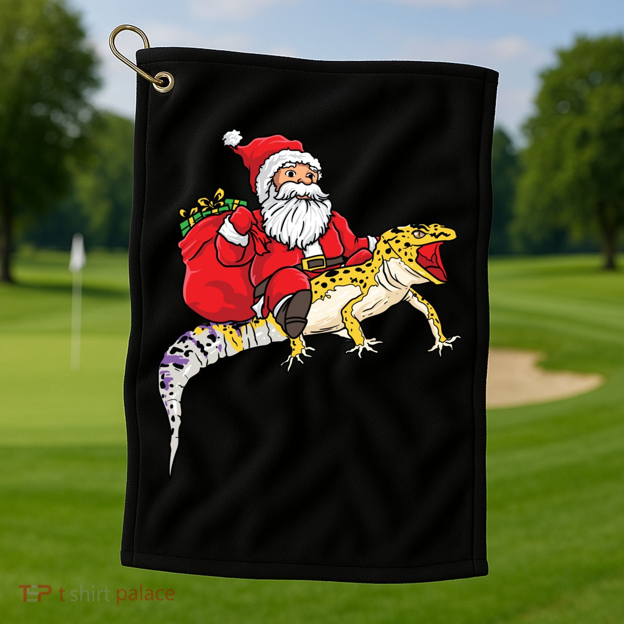 Fun Santa Delivering Presents On Leopard Gecko Lizard Gift Golf Towel
