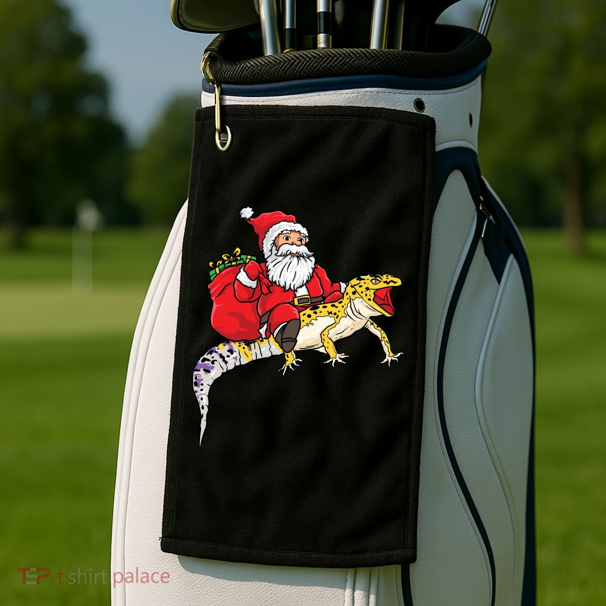 Fun Santa Delivering Presents On Leopard Gecko Lizard Gift Golf Towel