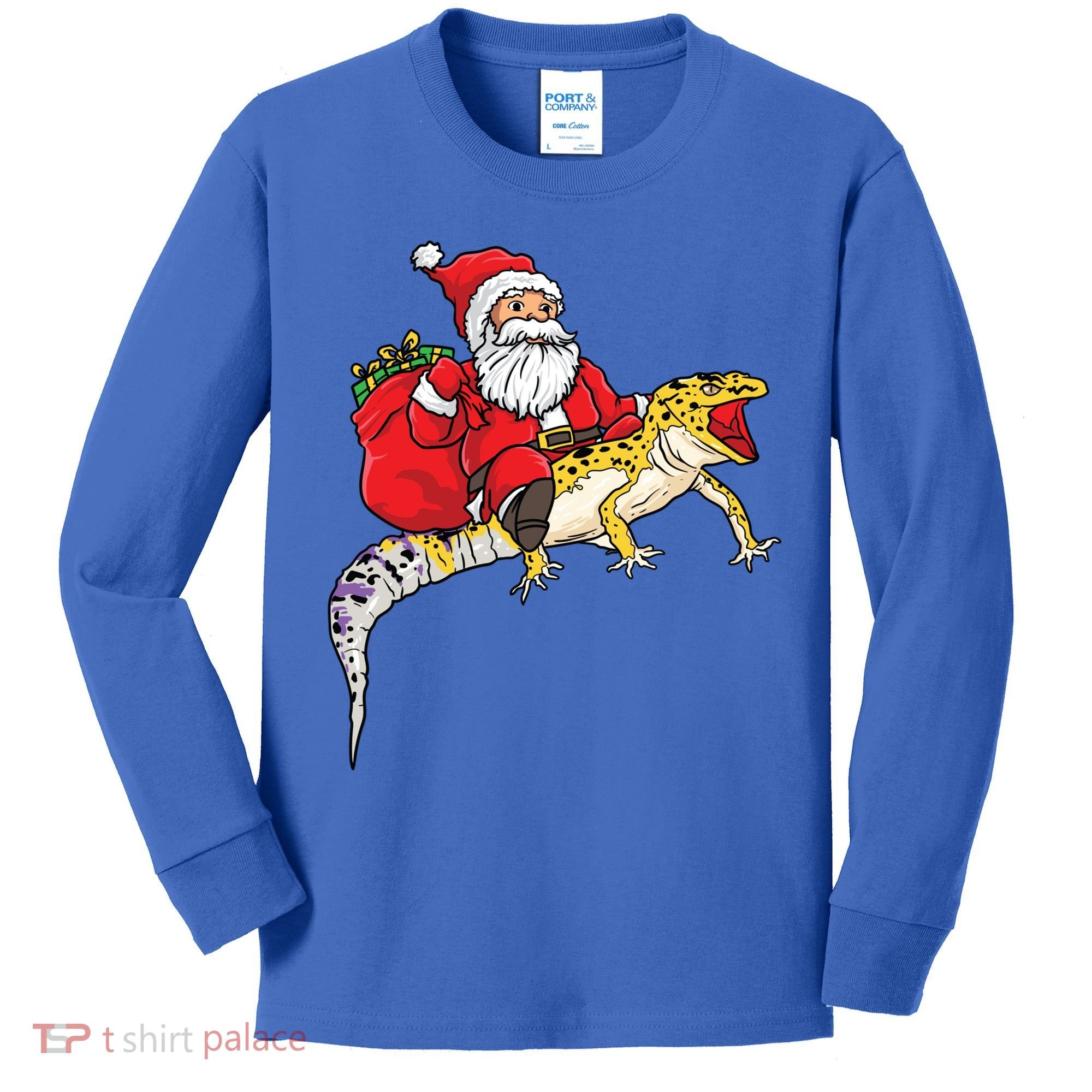 Fun Santa Delivering Presents On Leopard Gecko Lizard Gift Kids Long Sleeve Shirt