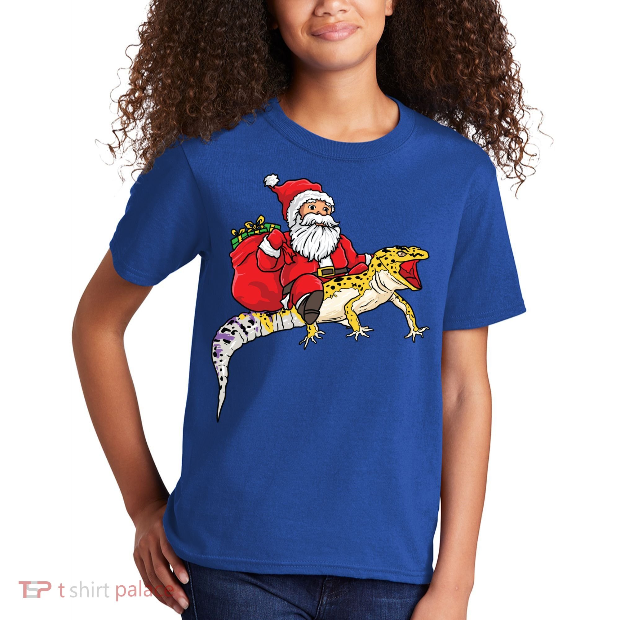 Fun Santa Delivering Presents On Leopard Gecko Lizard Gift Kids T-Shirt