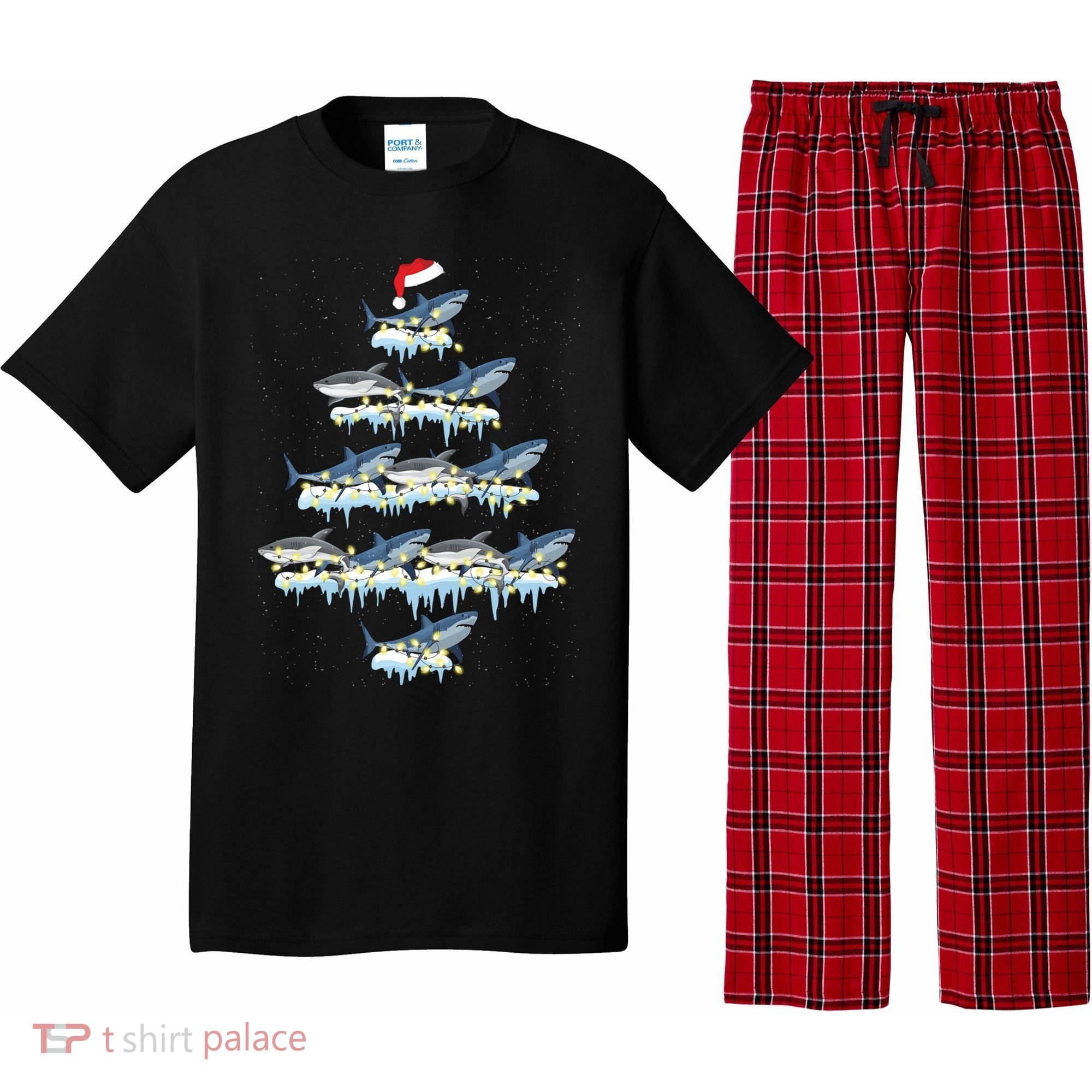 Funny Shark Fish Xmas Lighting Tree Santa Shark Christmas Gift Pajama Set
