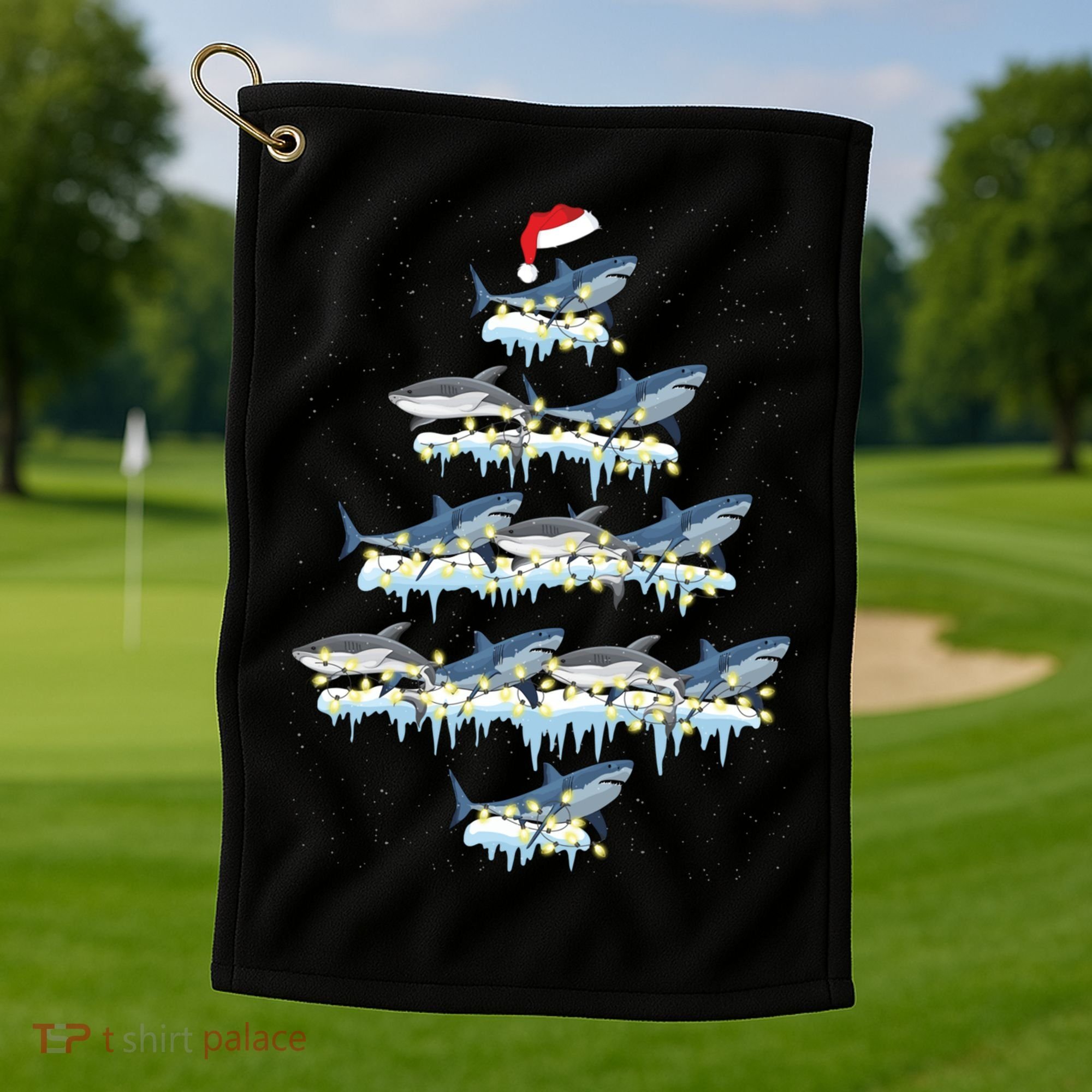 Funny Shark Fish Xmas Lighting Tree Santa Shark Christmas Gift Golf Towel
