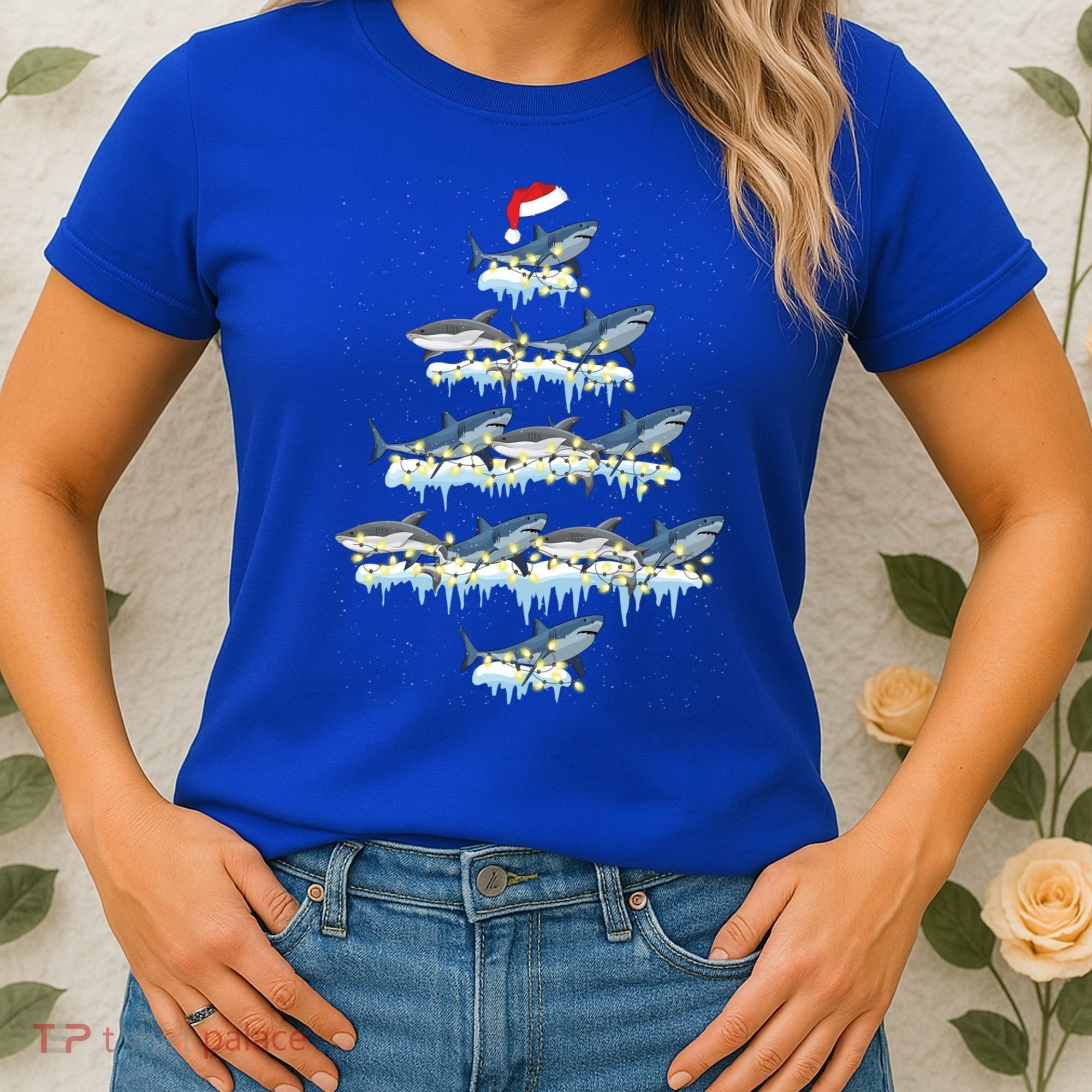 Funny Shark Fish Xmas Lighting Tree Santa Shark Christmas Gift Women's T-Shirt
