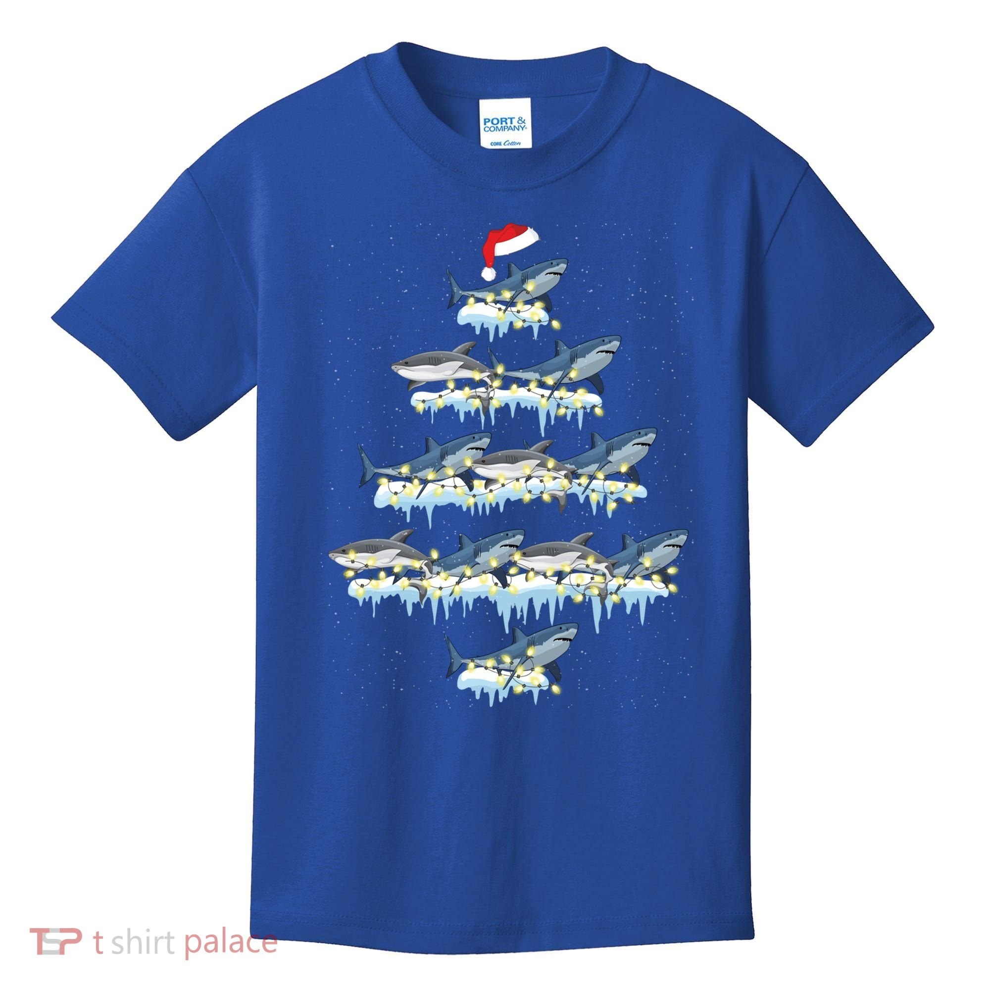 Funny Shark Fish Xmas Lighting Tree Santa Shark Christmas Gift Kids T-Shirt