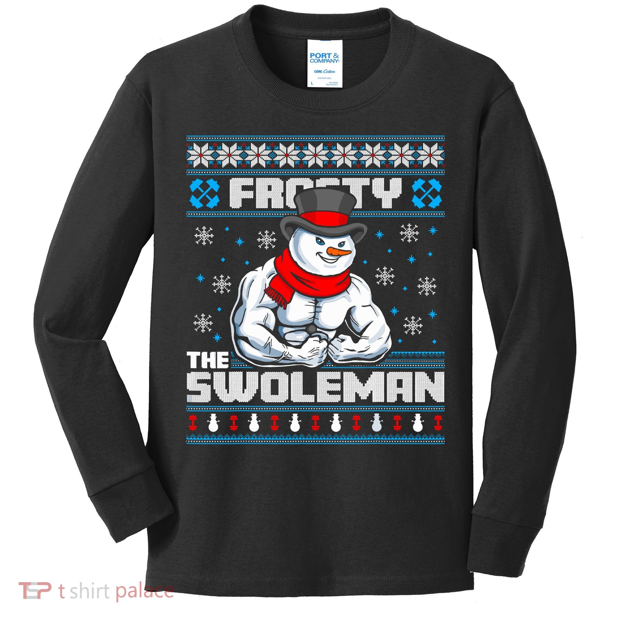 Frosty Swoleman Funny Christmas Workout Gym Weight Lifting Kids Long Sleeve Shirt