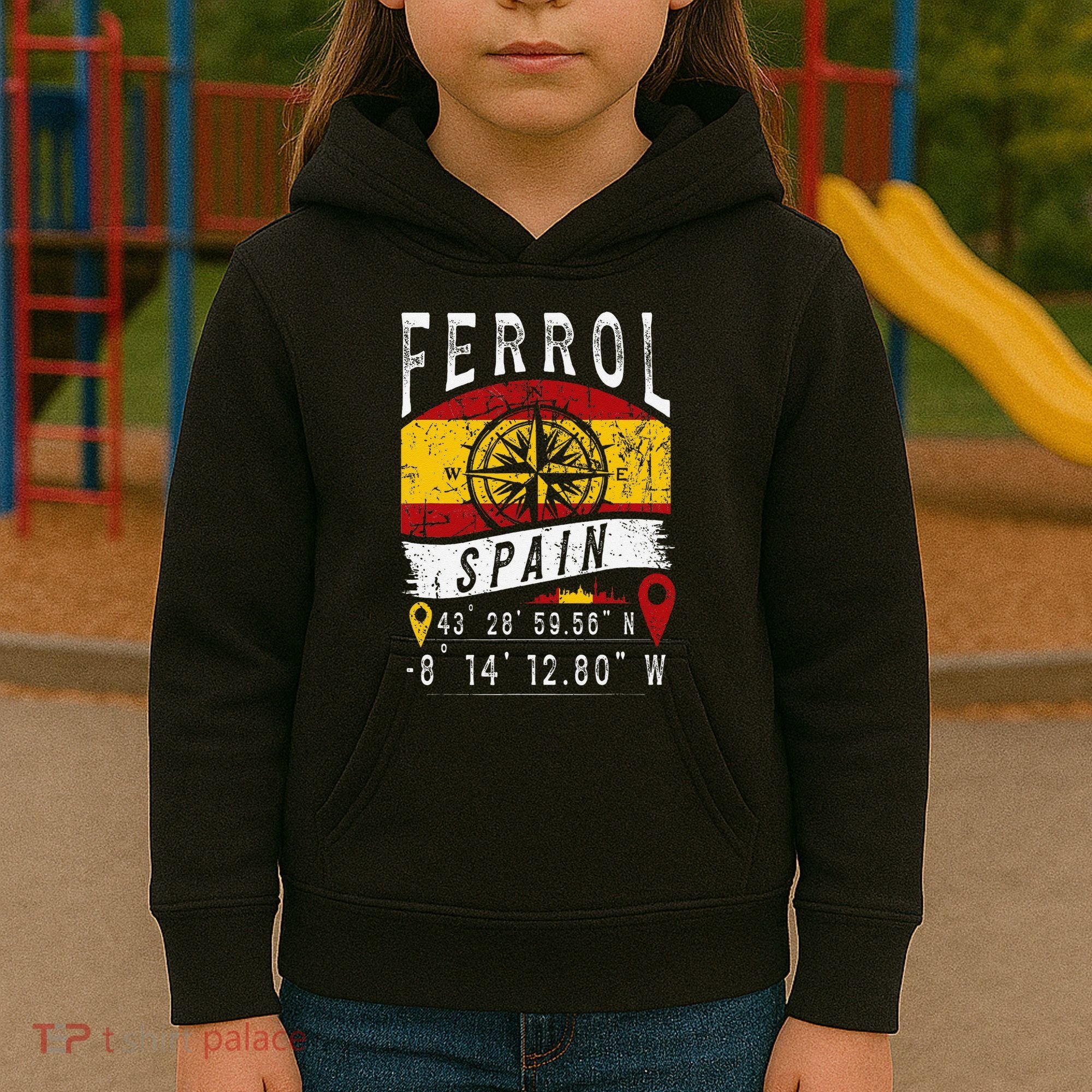 Ferrol Spain Flag Gps Coordinates Of Ferrol Kids Hoodie
